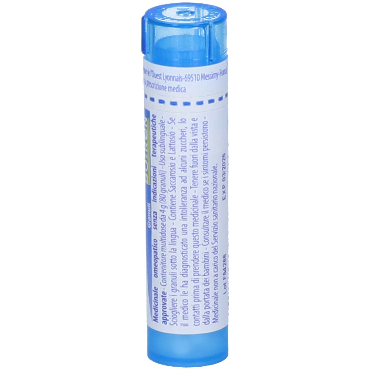 Tubo blu con etichetta bianca. Scritta e informazioni sugli ingredienti.
