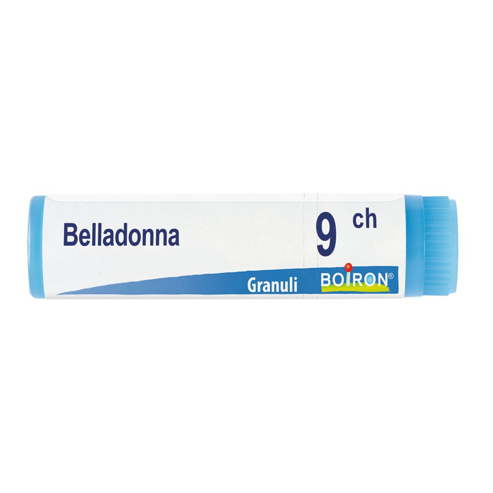 Confezione cilindrica con tappo blu. Scritta: Belladonna, 9 ch, Granuli, Boiron.