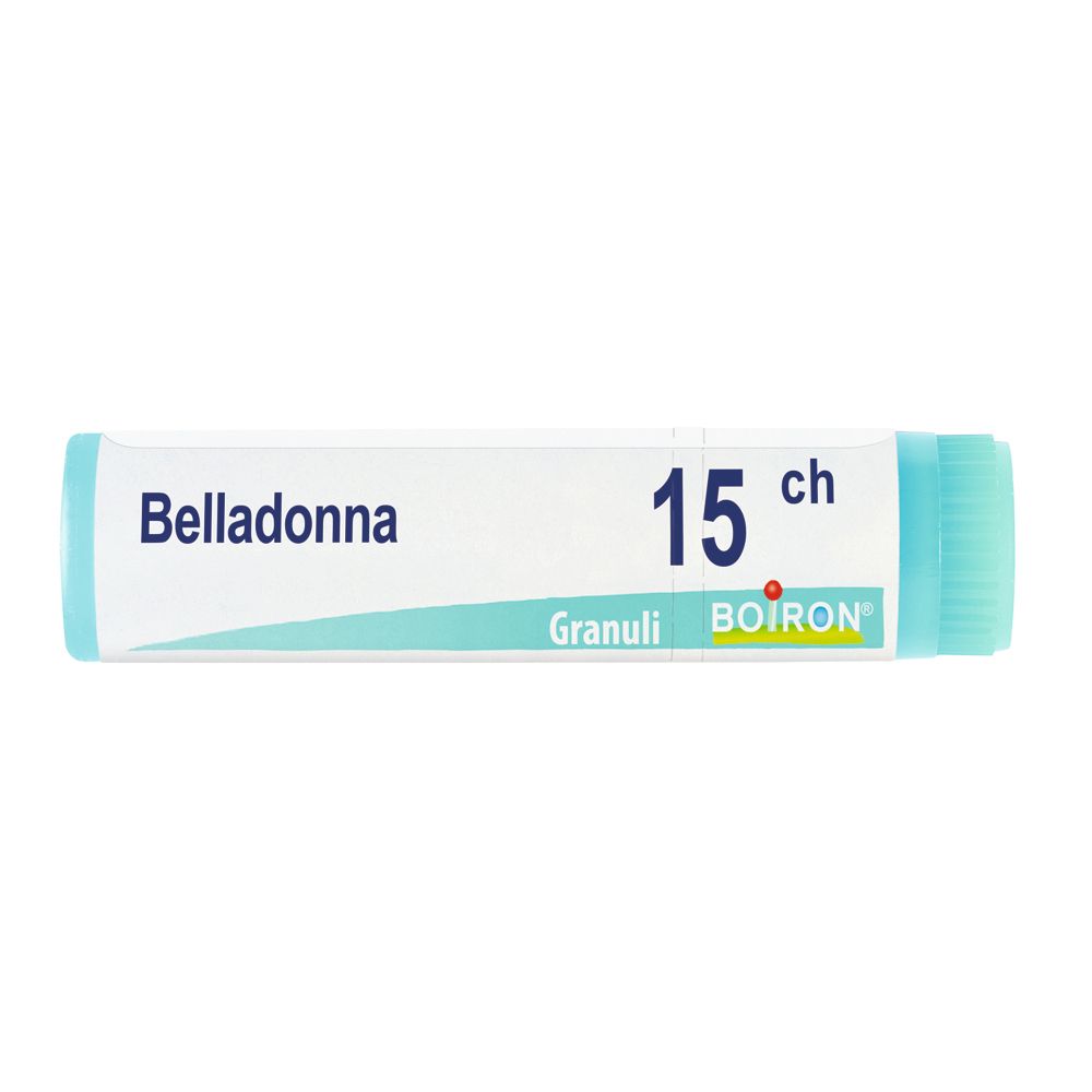 Confezione cilindrica con tappo blu. Scritta: Belladonna, 15 ch, Granuli, BOIRON.