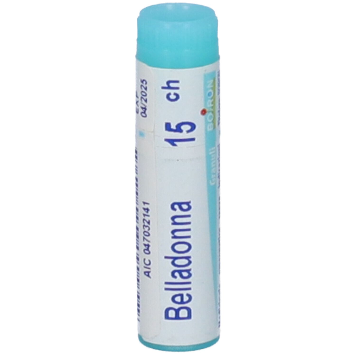 Confezione cilindrica con tappo blu. Scritta: Belladonna 15 ch, BOIRON, scadenza 04/2025.