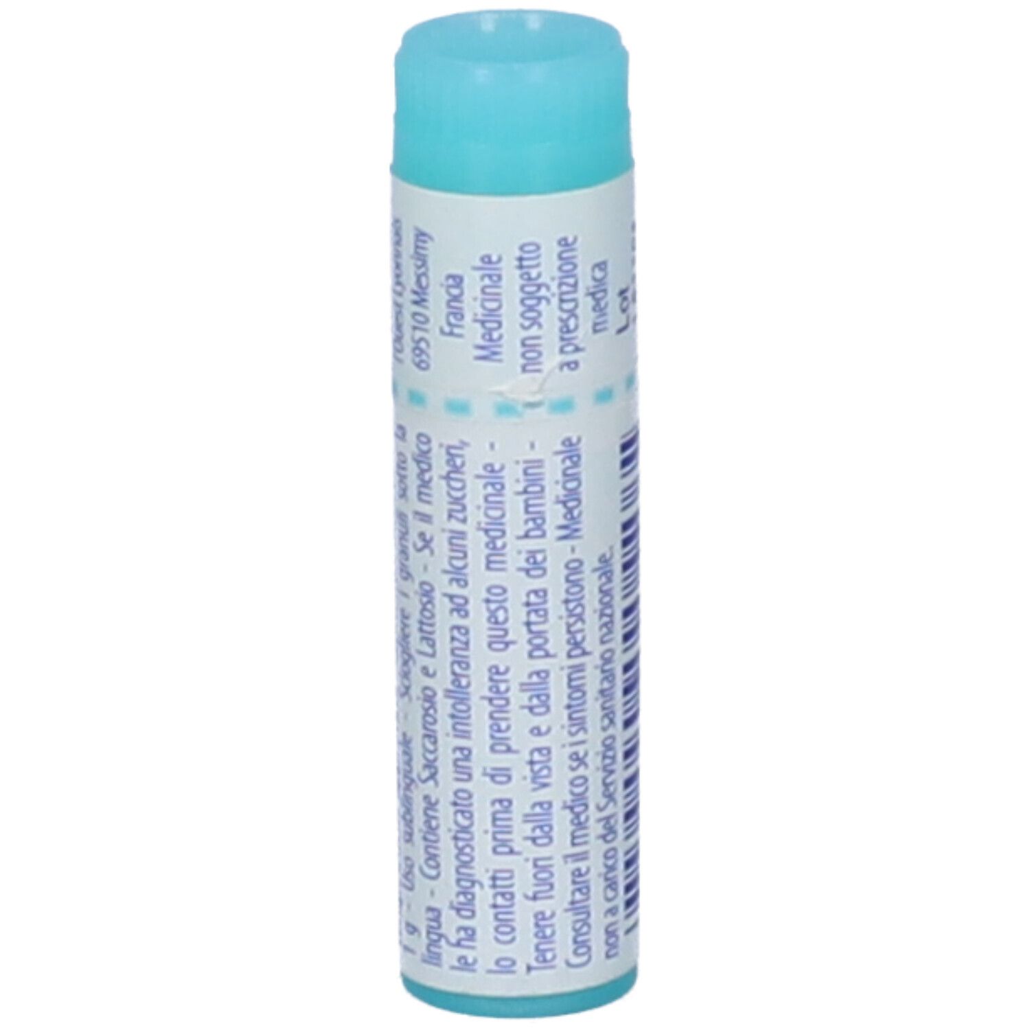Confezione cilindrica con tappo blu. Scritta: Belladonna 15 ch, BOIRON, informazioni, indirizzo.