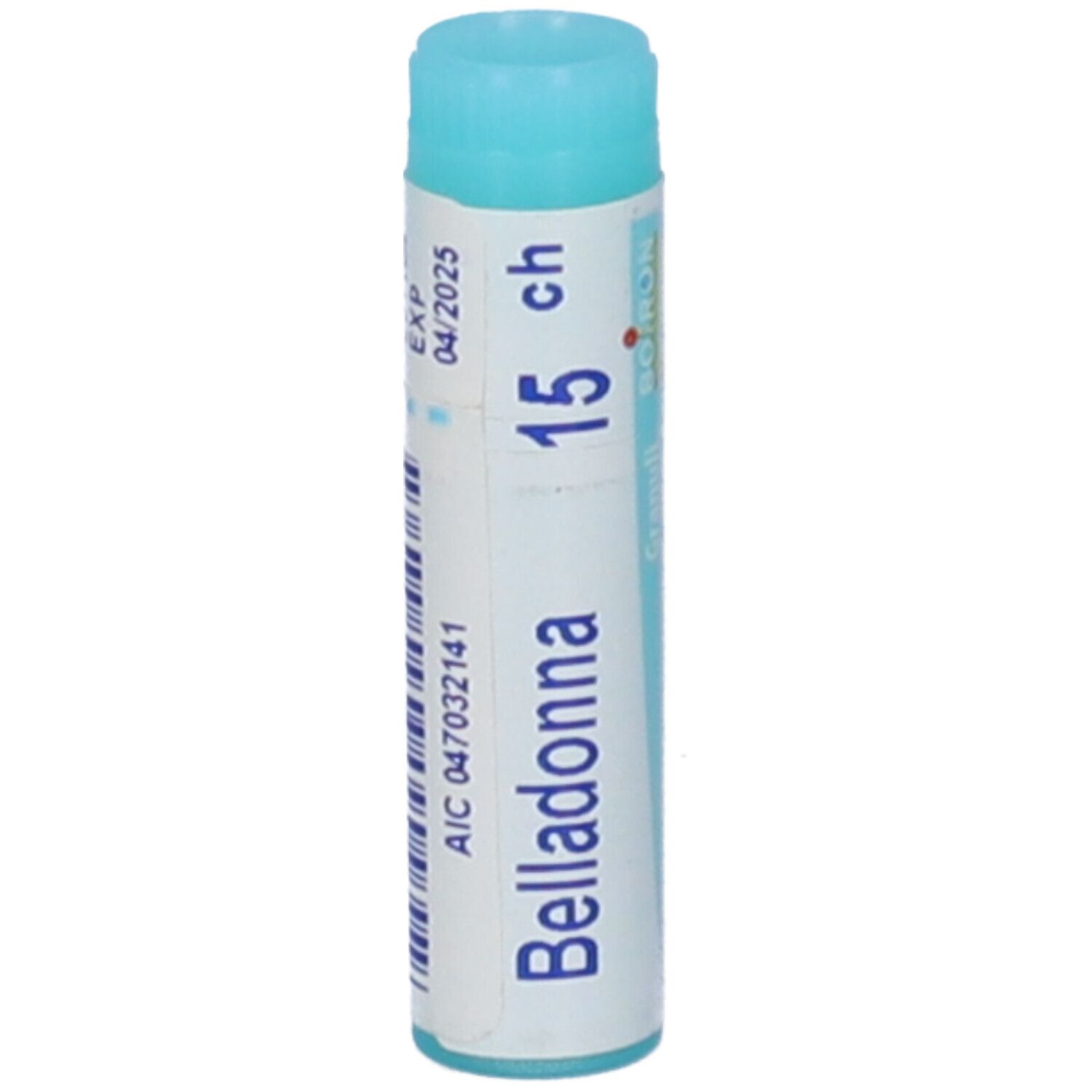 Confezione cilindrica con tappo blu. Scritta: Belladonna 15 ch, BOIRON, scadenza 04/2025.