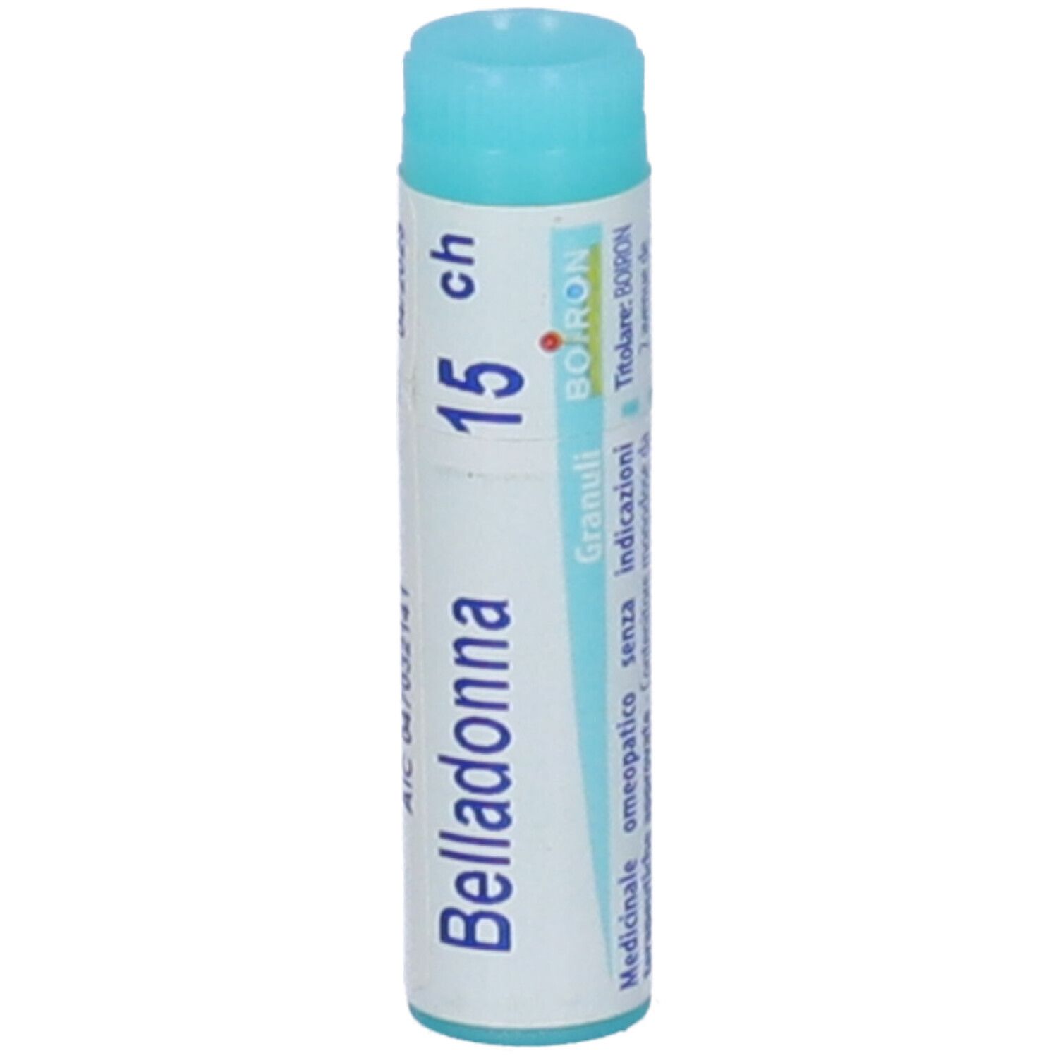 Confezione cilindrica con tappo blu. Scritta: Belladonna 15 ch, BOIRON, Granuli, informazioni.