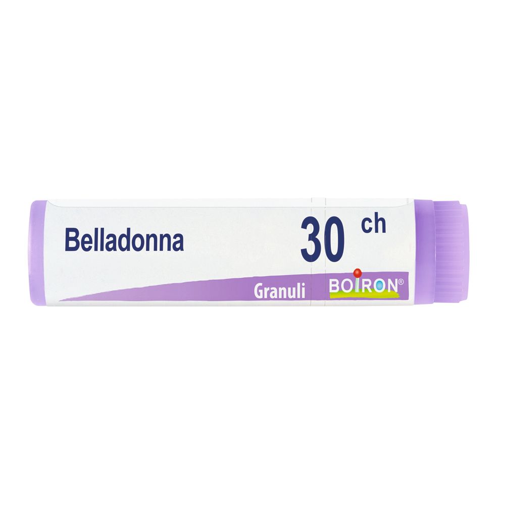 Confezione cilindrica con scritta Belladonna, 30 ch, Granuli, Boiron. Viola e bianco.