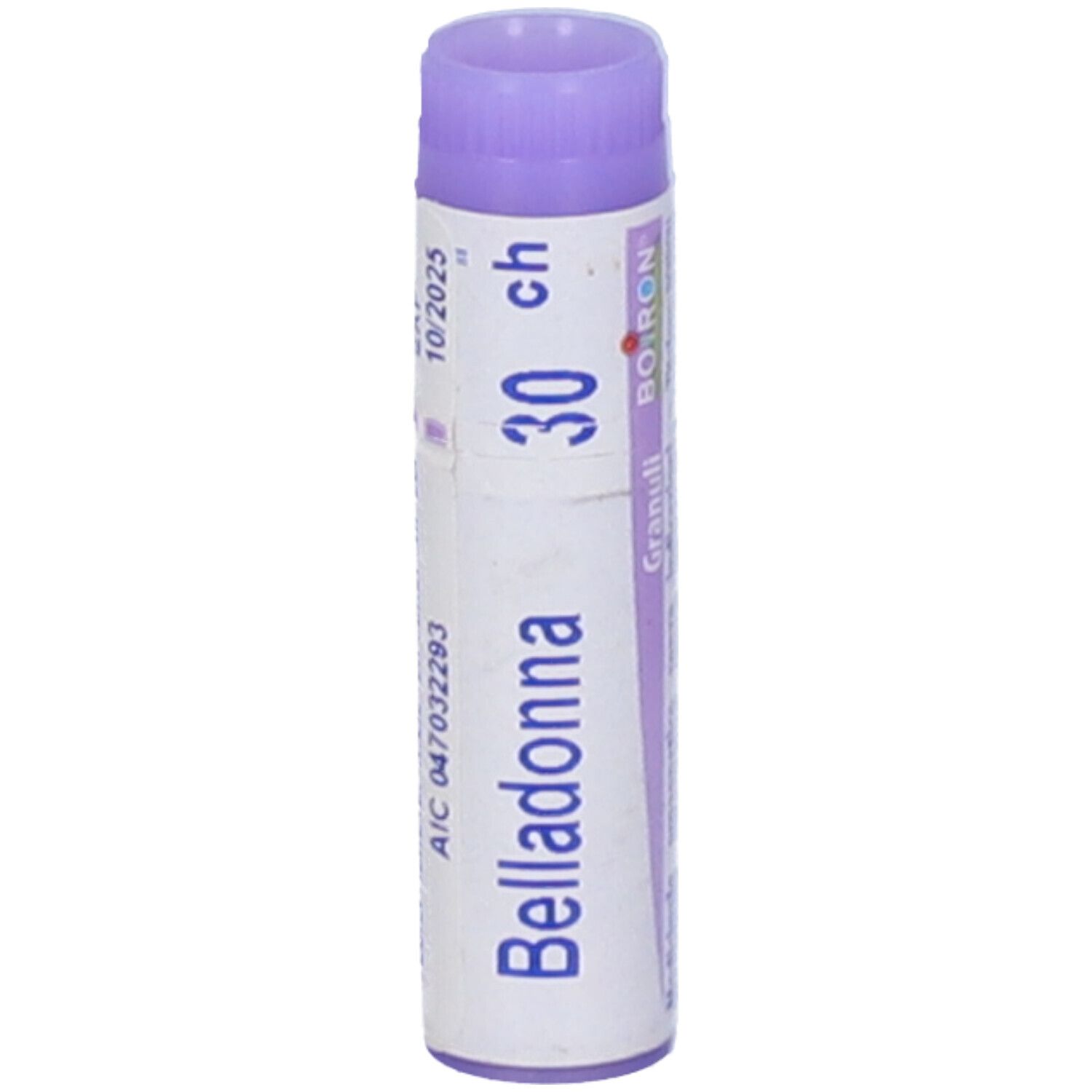 Confezione cilindrica con Belladonna, 30 ch. Tappo viola. Scritta: 10/2025, AIC 047032293.