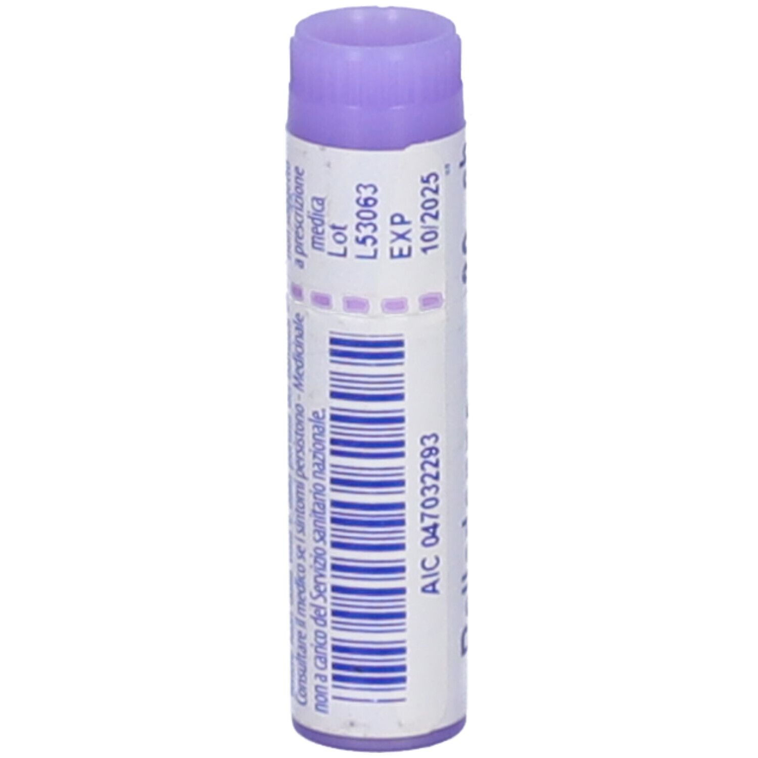 Confezione cilindrica con codice a barre e testo. Tappo viola. Scritta: AIC 047032293, EXP 10/2025.