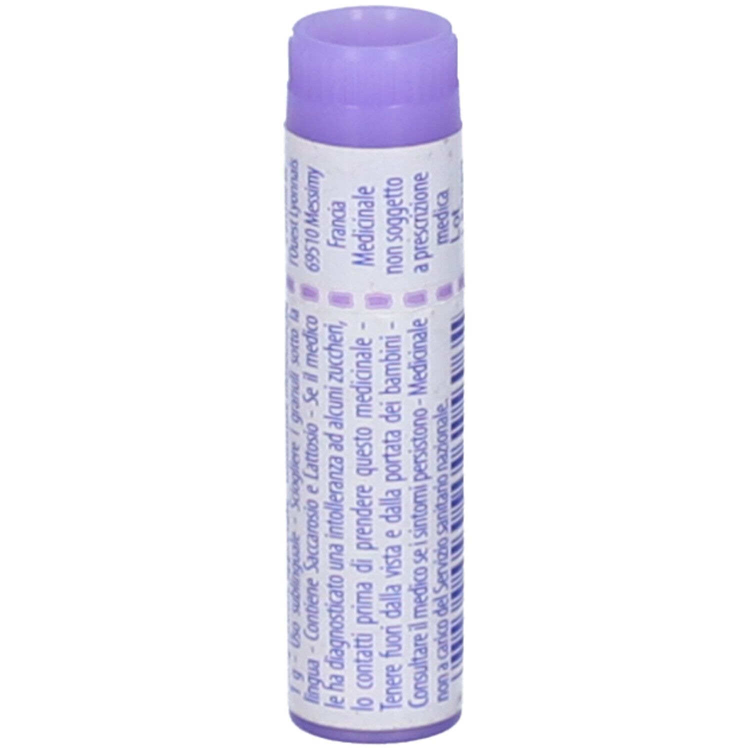 Confezione cilindrica con testo. Tappo viola. Scritta: Francia, Medicinale non soggetto a prescrizione medica.