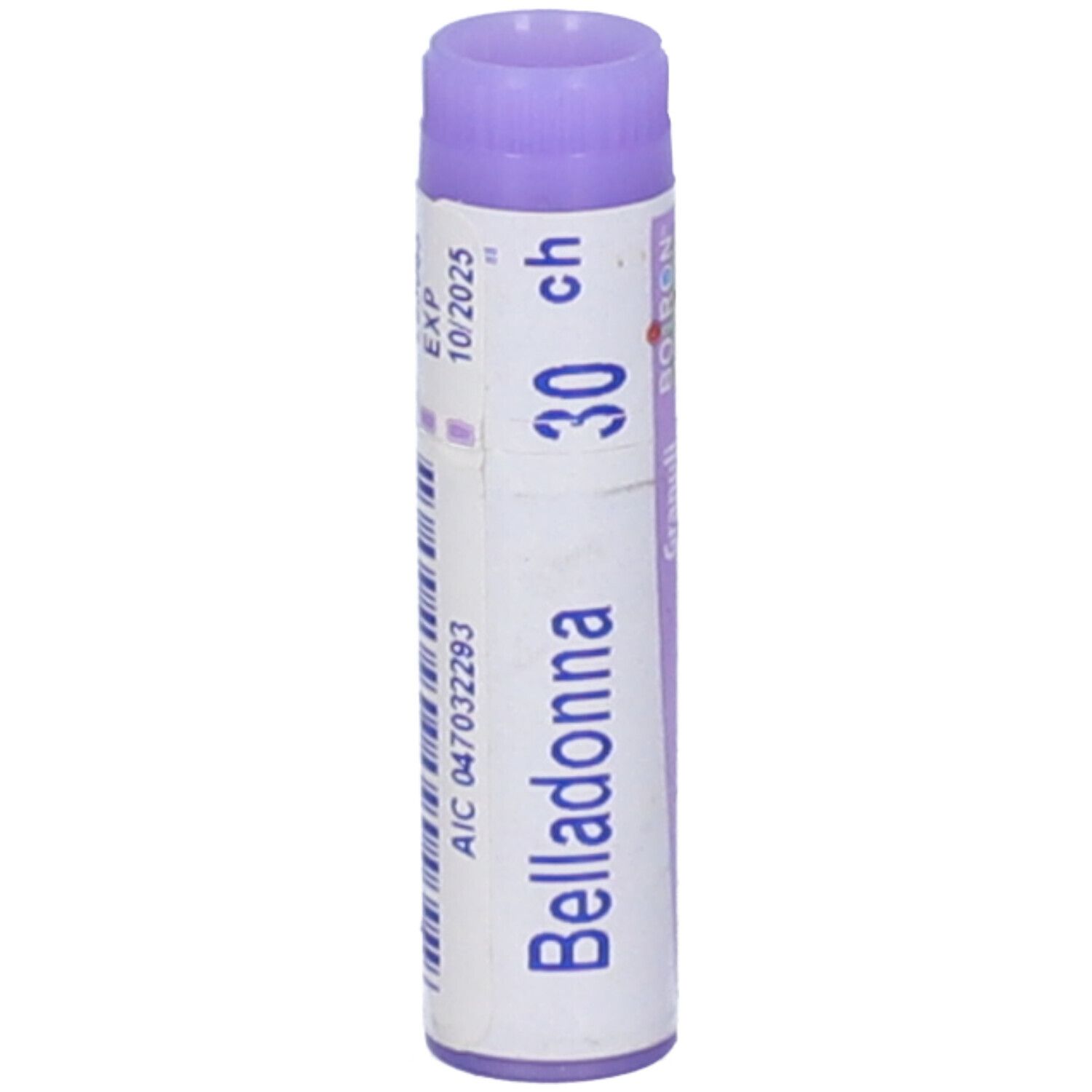 Confezione cilindrica con Belladonna, 30 ch. Tappo viola. Scritta: 10/2025, AIC 047032293.