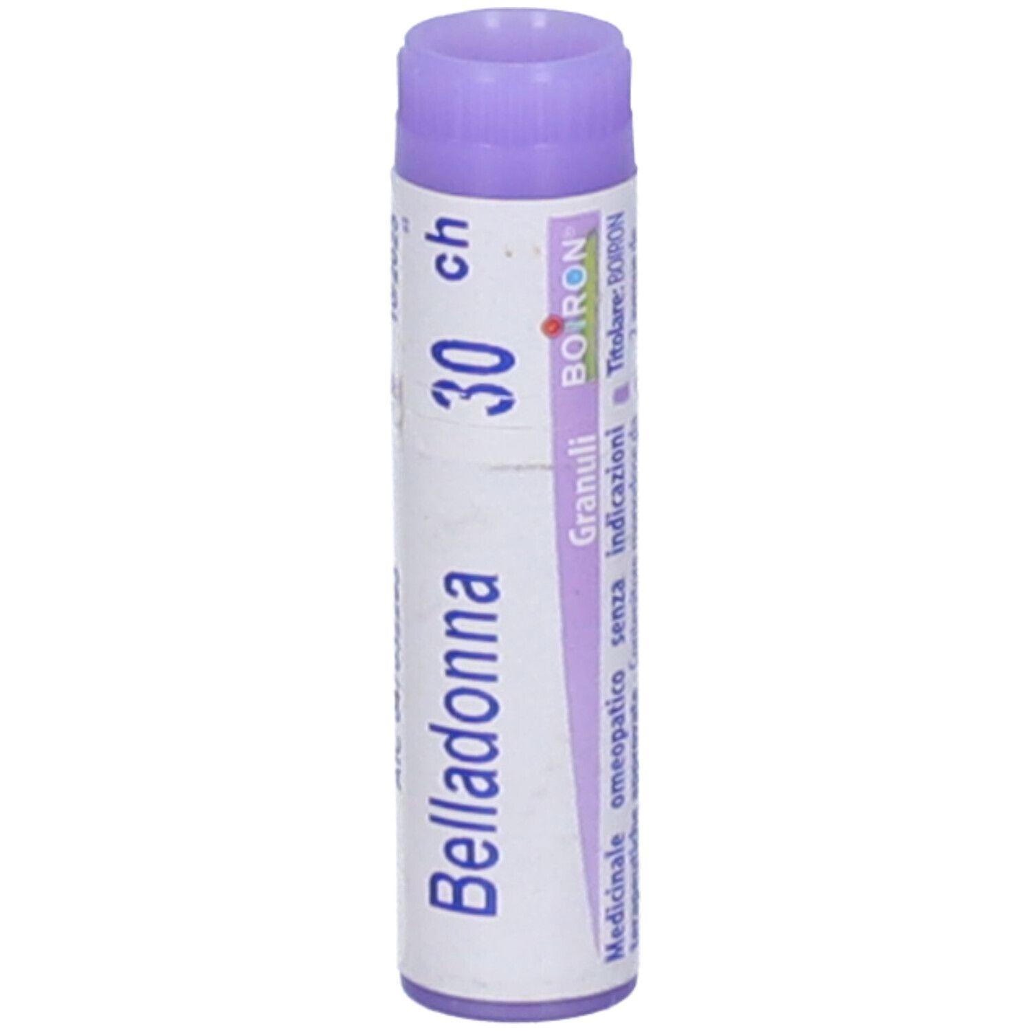Confezione cilindrica con Belladonna, 30 ch, Granuli. Tappo viola. Logo Boiron.