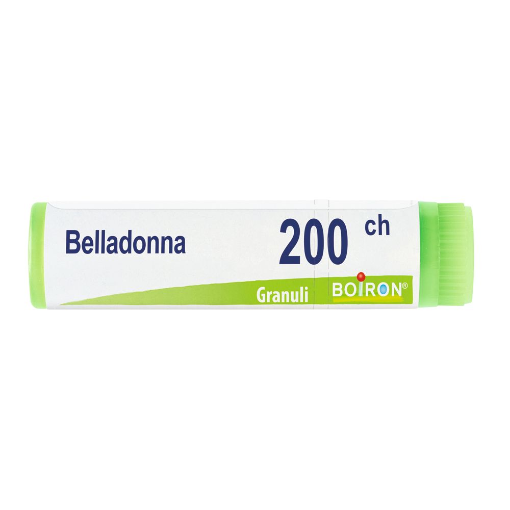 Confezione cilindrica con tappi verdi. Scritta: Belladonna, 200 ch, Granuli, BOIRON.
