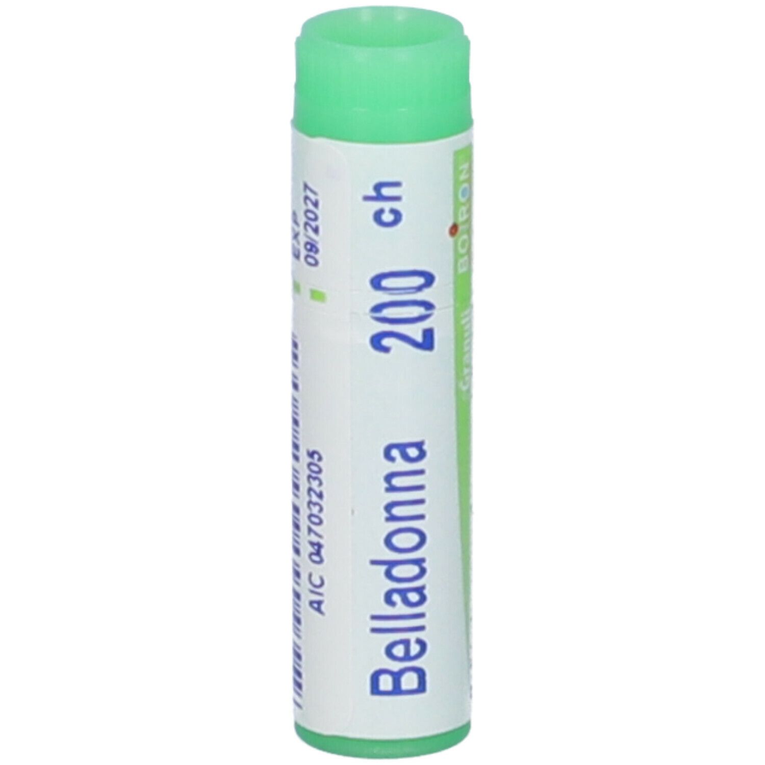Tubo cilindrico con tappo verde. Scritta: Belladonna 200 ch, scadenza 09/2027, codice AIC.