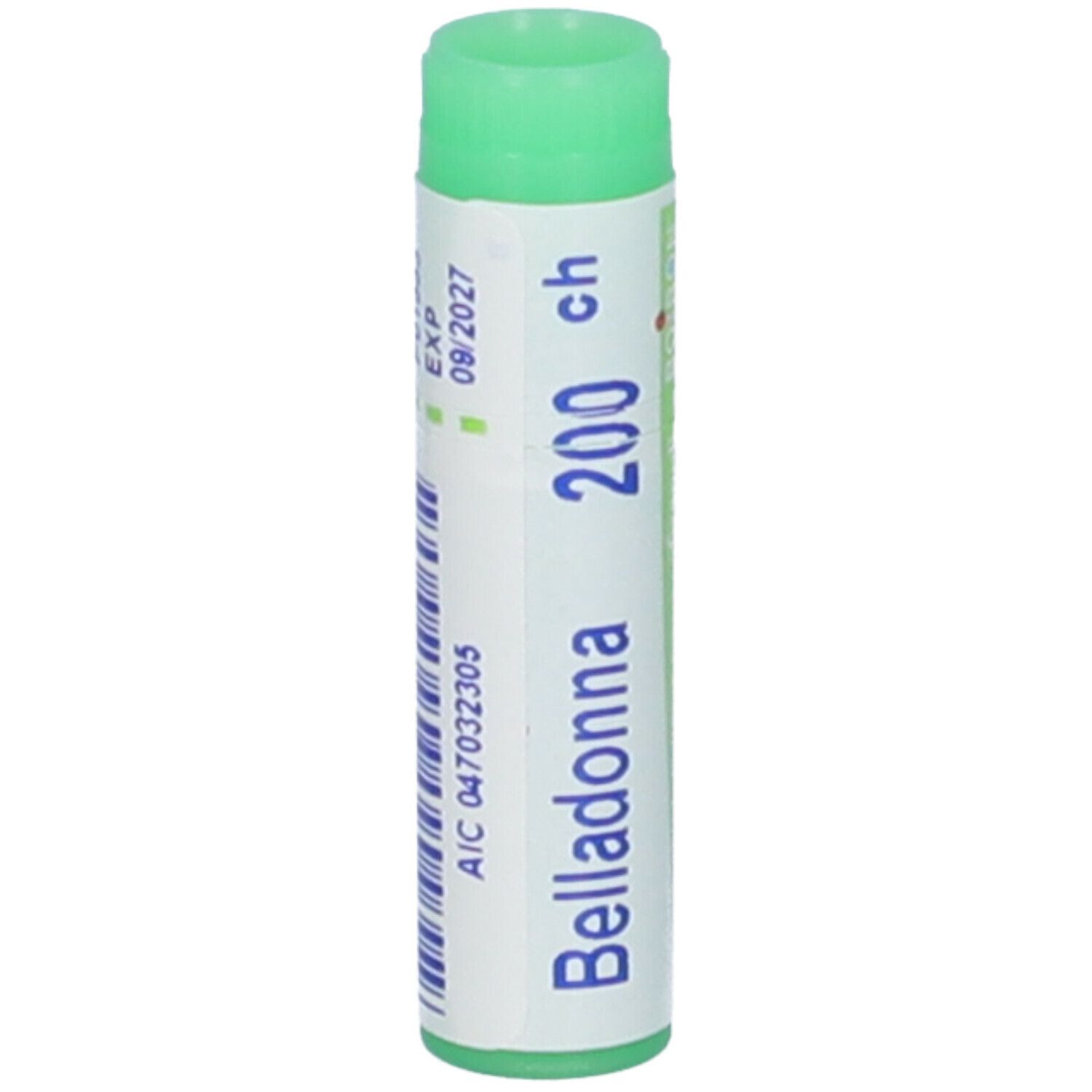 Tubo cilindrico con tappo verde. Scritta: Belladonna 200 ch, scadenza 09/2027, codice AIC.