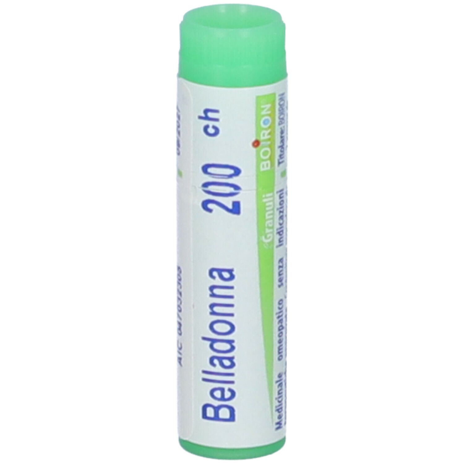 Tubo cilindrico con tappo verde. Scritta: Belladonna 200 ch, Granuli, BOIRON, indicazioni.