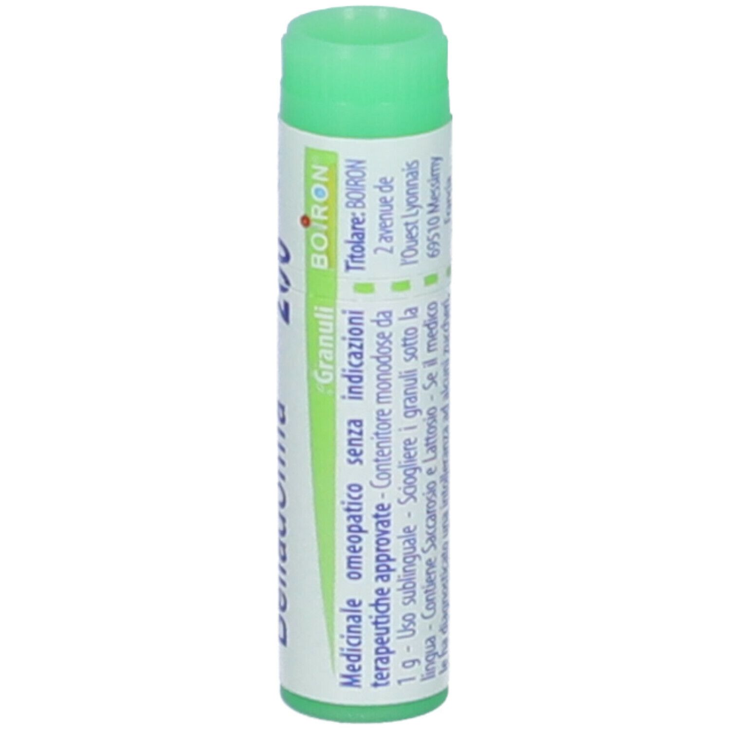 Tubo cilindrico con tappo verde. Scritta: Belladonna, Granuli, BOIRON, informazioni mediche.
