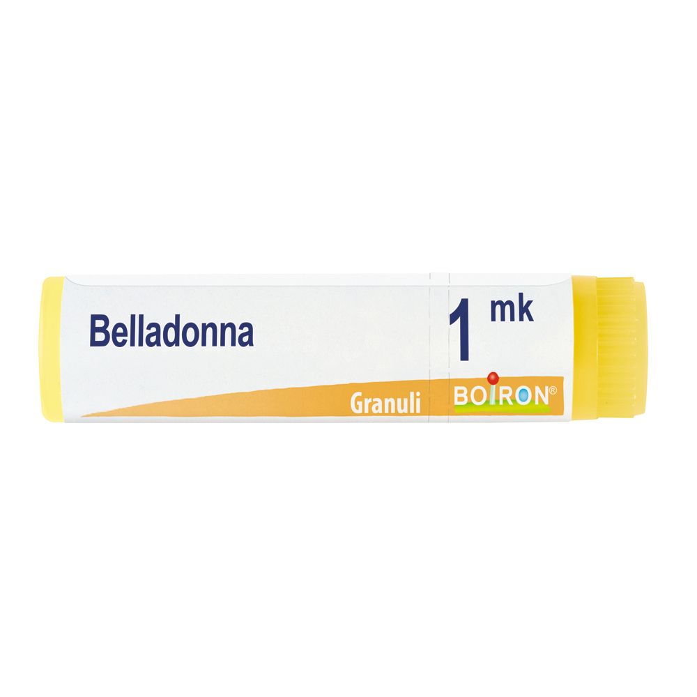 Granuli di Belladonna in tubo. Tappi gialli alle due estremità. Scritta: 1 mk, Boiron.