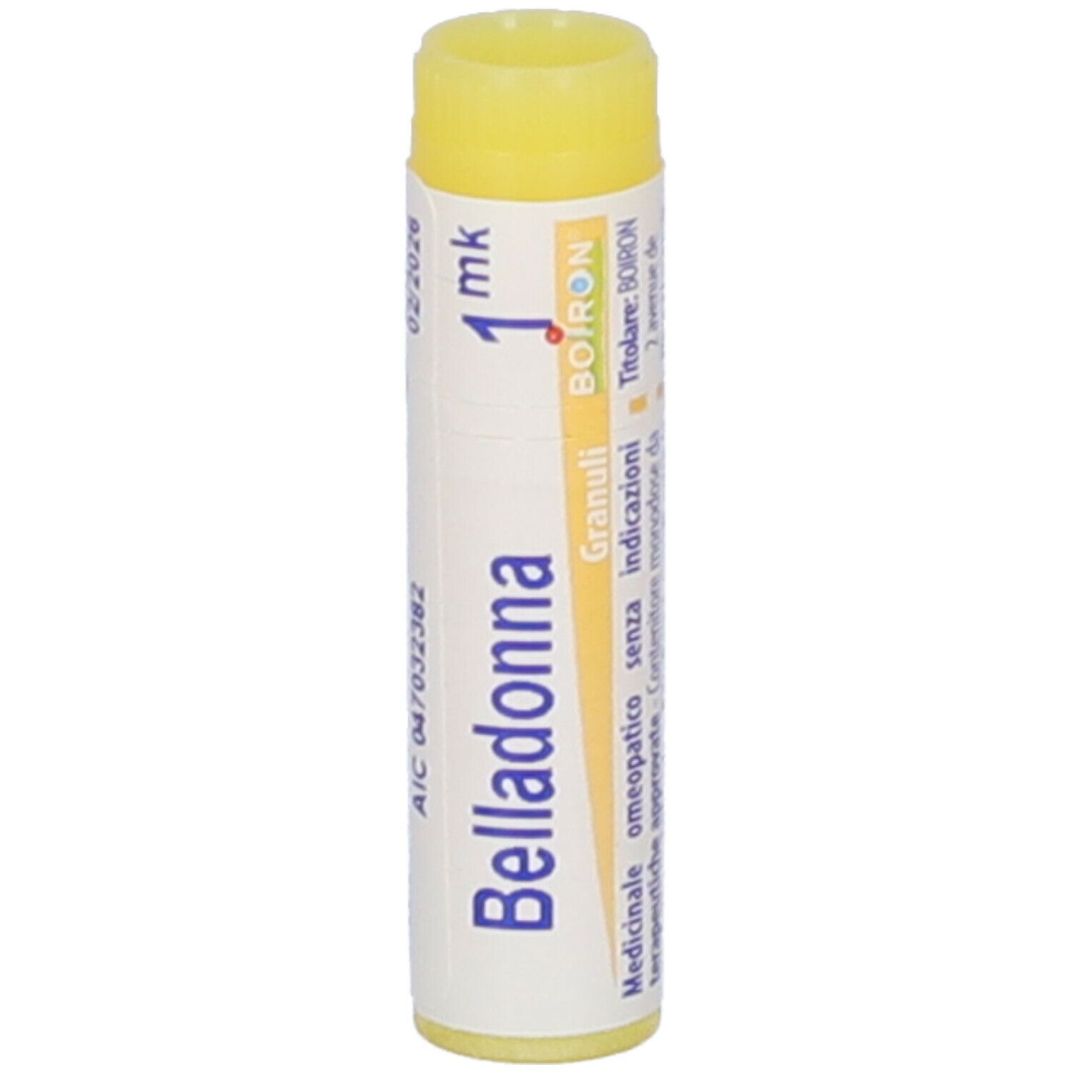Tubo cilindrico di granuli di Belladonna. Coperchio giallo. Scritta: Belladonna, 1 mk, Boiron, Granuli.