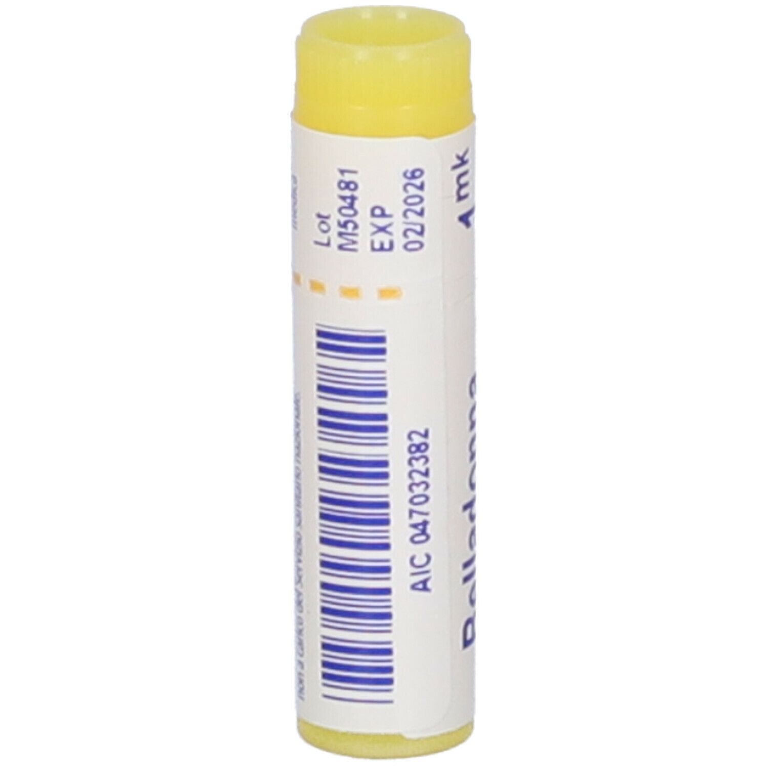 Tubo cilindrico di granuli di Belladonna. Coperchio giallo. Scritta: Lotto, EXP, Codice AIC, Codice a barre.
