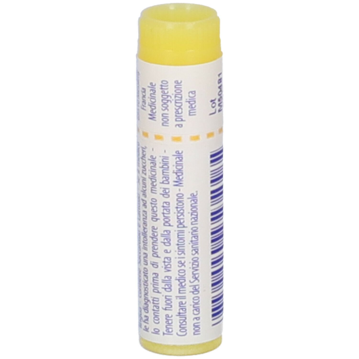 Tubo cilindrico di granuli di Belladonna. Coperchio giallo. Scritta: Medicinale, non soggetto a prescrizione medica.