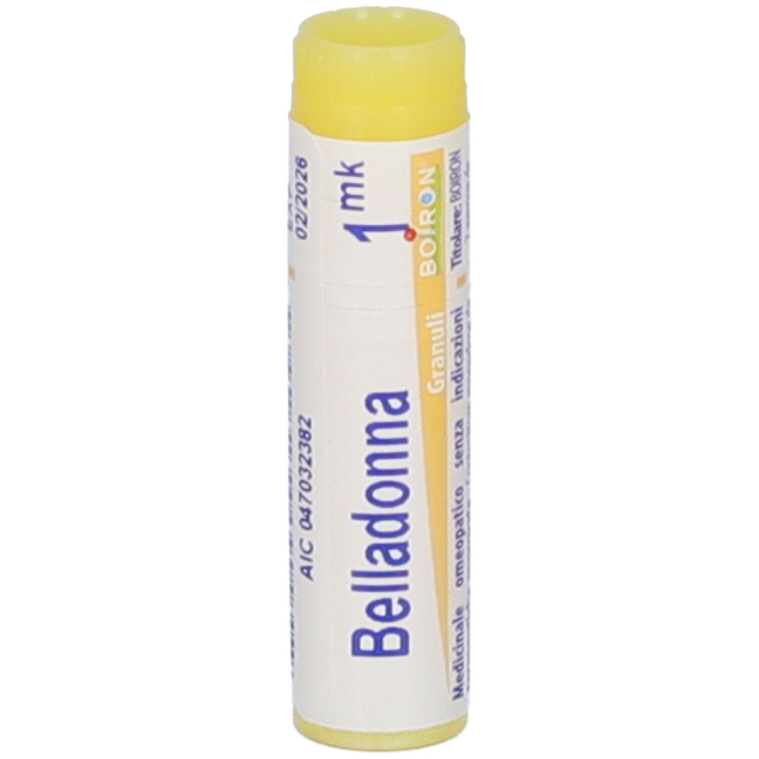 Tubo cilindrico di granuli di Belladonna. Coperchio giallo. Scritta: Belladonna, 1 mk, Boiron, Granuli.