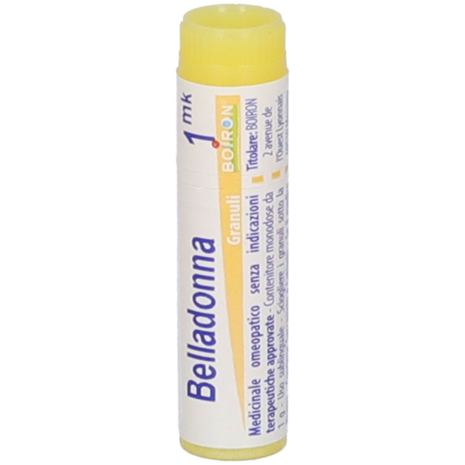 Tubo cilindrico di granuli di Belladonna. Coperchio giallo. Scritta: Belladonna, 1 mk, Boiron, Granuli.