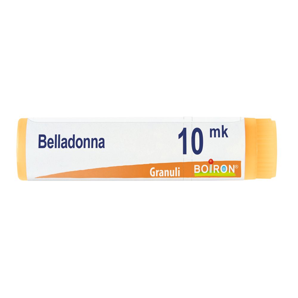 Confezione cilindrica con "Belladonna 10 mk". Estremità arancioni, corpo bianco. Logo Boiron e "Granuli".