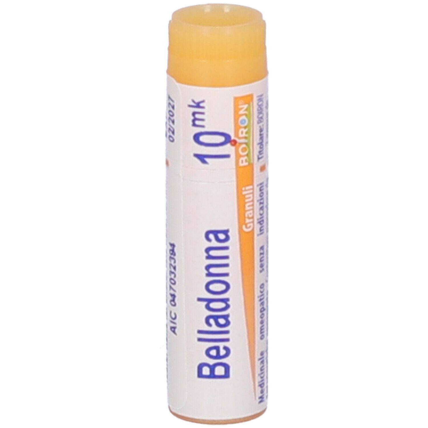 Confezione cilindrica con "Belladonna 10 mk". Tappo arancione. Scritte: Boiron, Granuli, 02/2027.