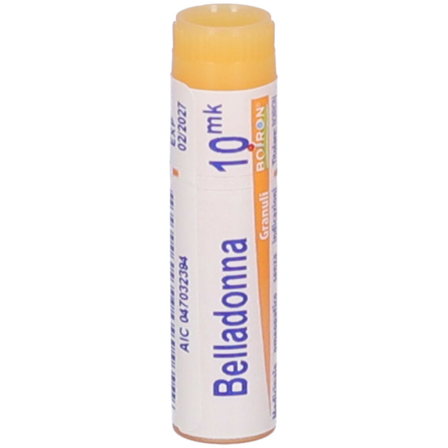 Confezione cilindrica con "Belladonna 10 mk". Tappo arancione. Scritte: Boiron, Granuli, 02/2027.