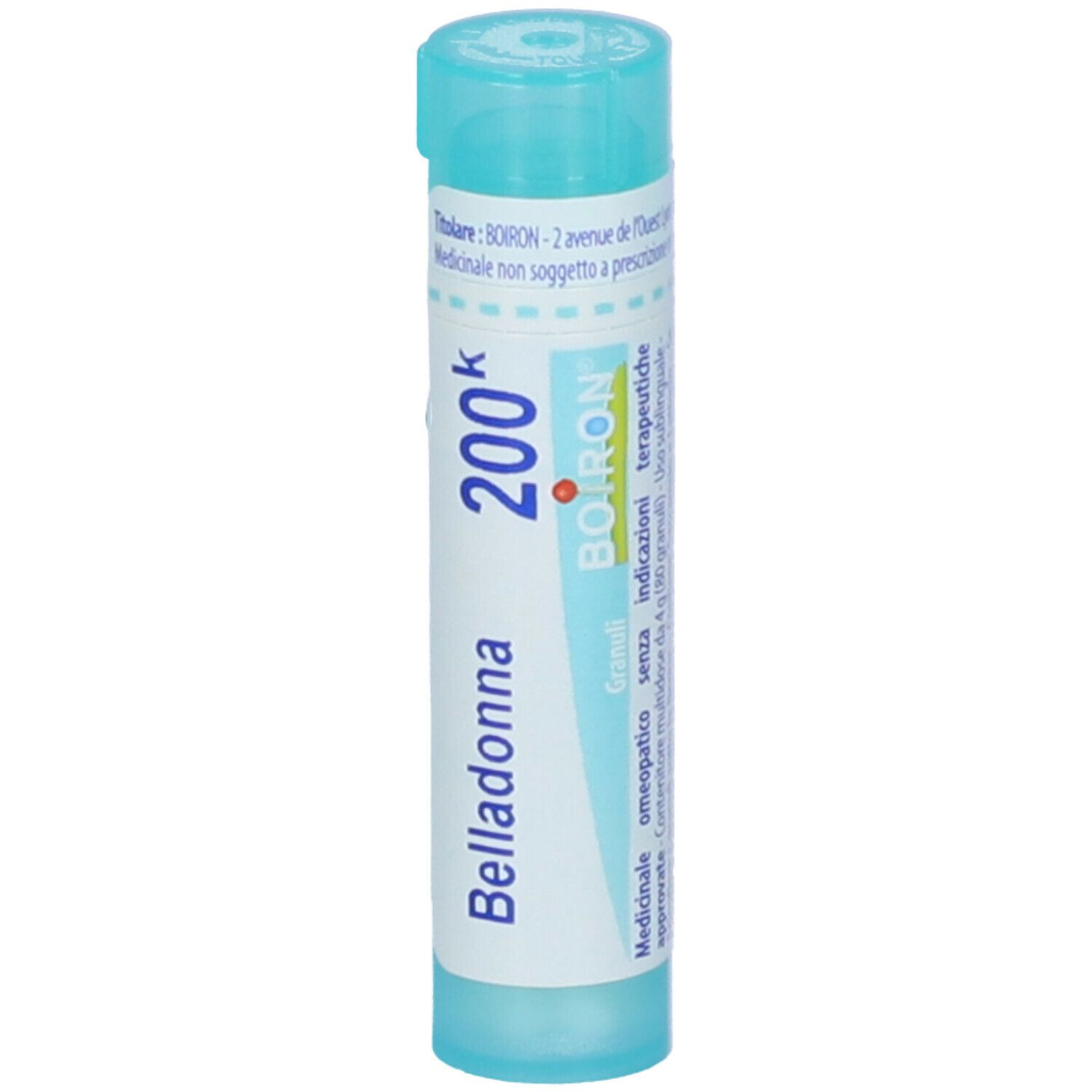 Tubo cilindrico azzurro chiaro con tappo turchese. Scritta: Belladonna 200k, Boiron. Testo verticale.