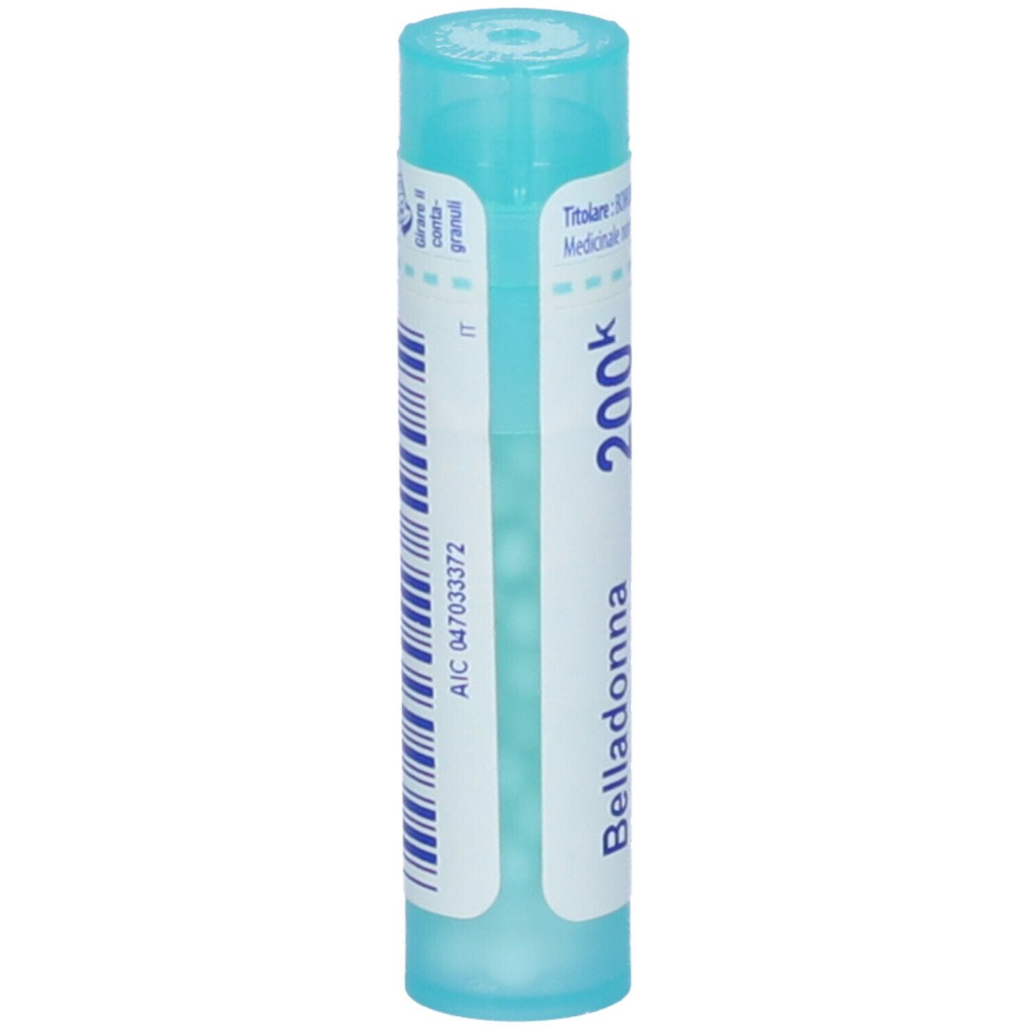 Tubo cilindrico azzurro chiaro con tappo turchese. Scritta: Belladonna 200k, Boiron. Codice a barre e informazioni.