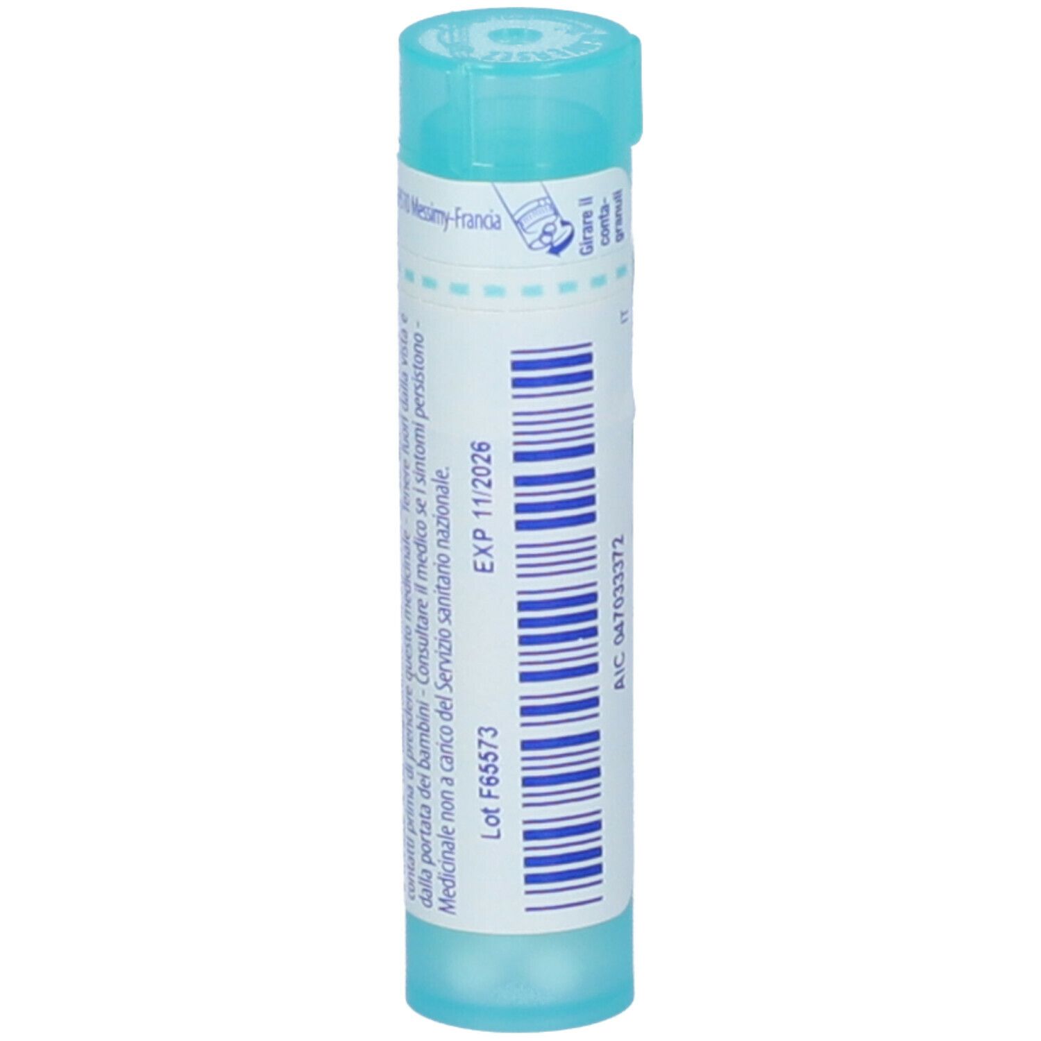 Tubo cilindrico azzurro chiaro con tappo turchese. Scritta: Belladonna 200k, Boiron. Data di scadenza e informazioni.