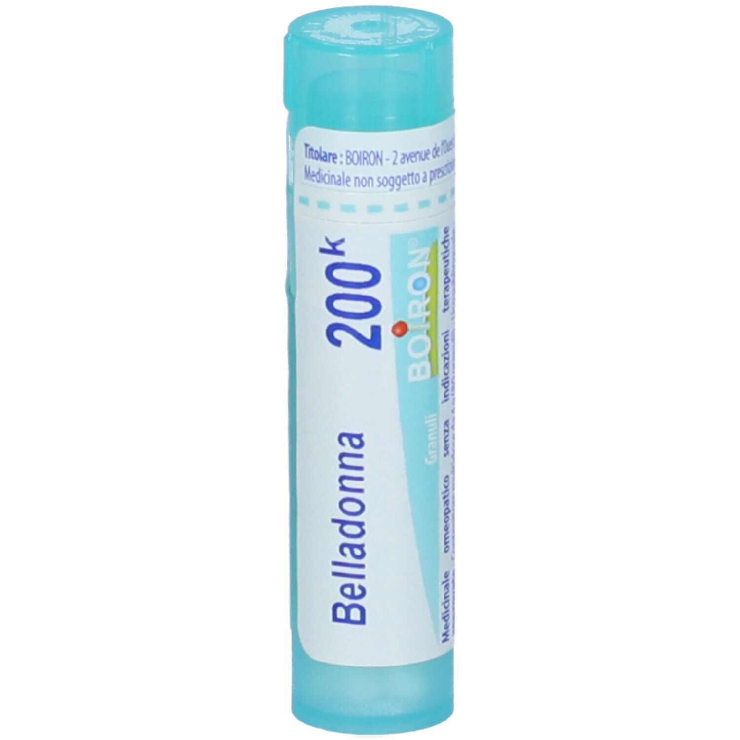 Tubo cilindrico azzurro chiaro con tappo turchese. Scritta: Belladonna 200k, Boiron. Informazioni e logo.