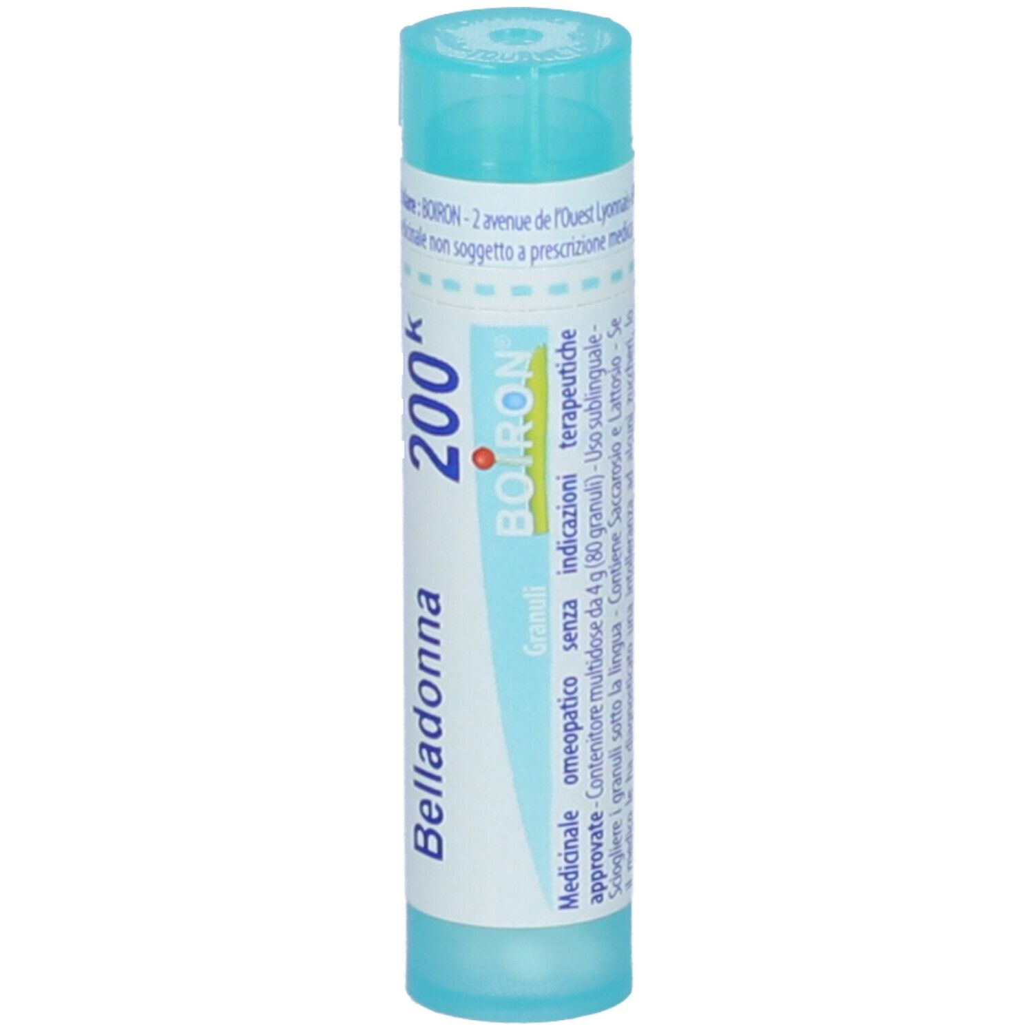 Tubo cilindrico azzurro chiaro con tappo turchese. Scritta: Belladonna 200k, Boiron. Informazioni aggiuntive.