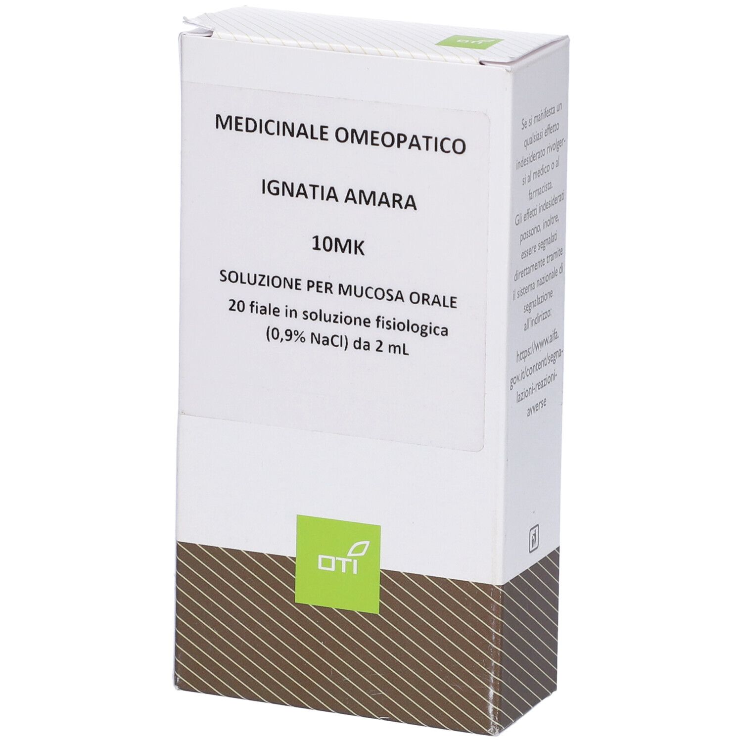 Scatola bianca con informazioni sul prodotto. Scritto: Ignatia Amara 10MK, 20 Fiale 2 ml. Logo OTI.