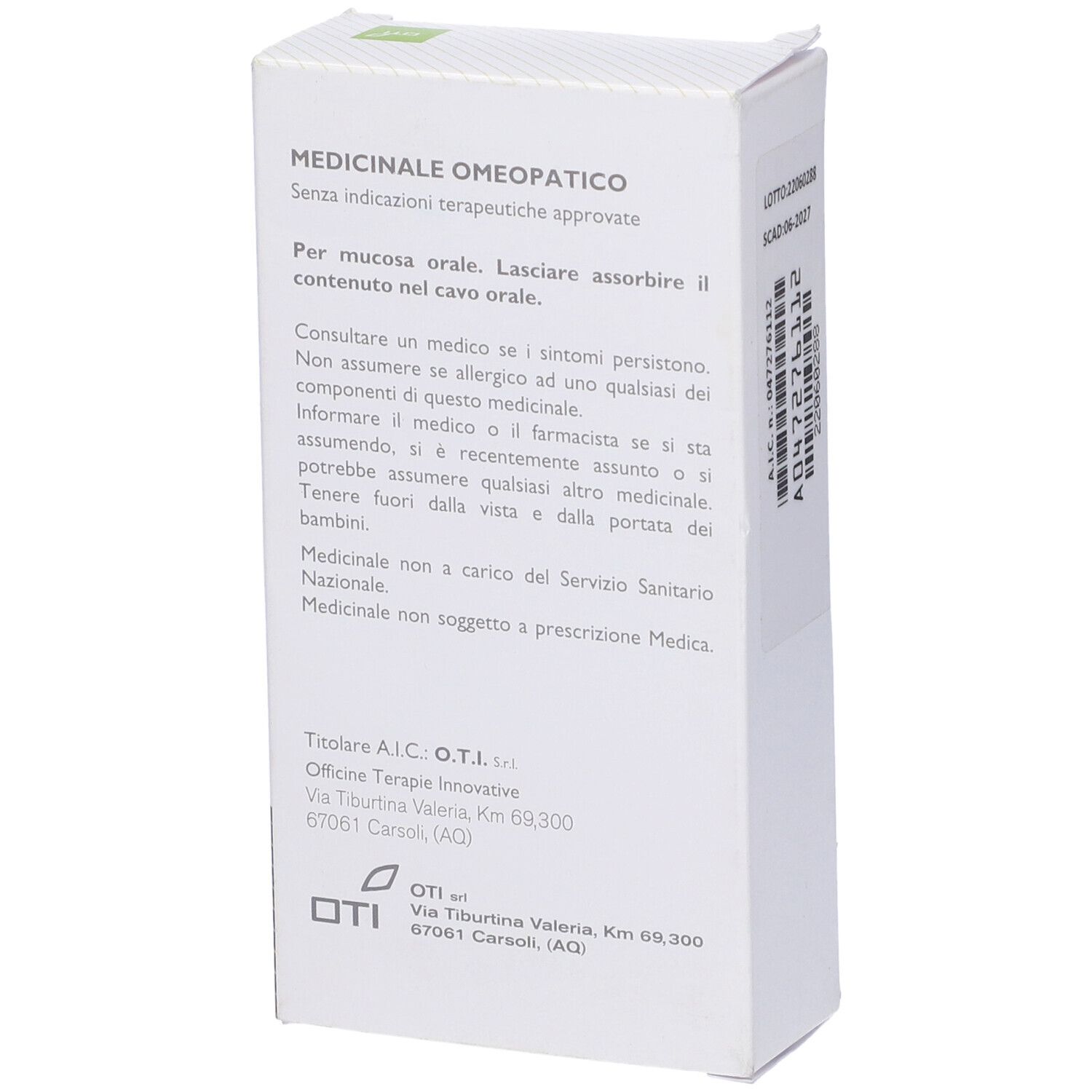 Scatola bianca con testo. Scritto: Medicinali, per mucosa orale. Logo OTI e indirizzo.