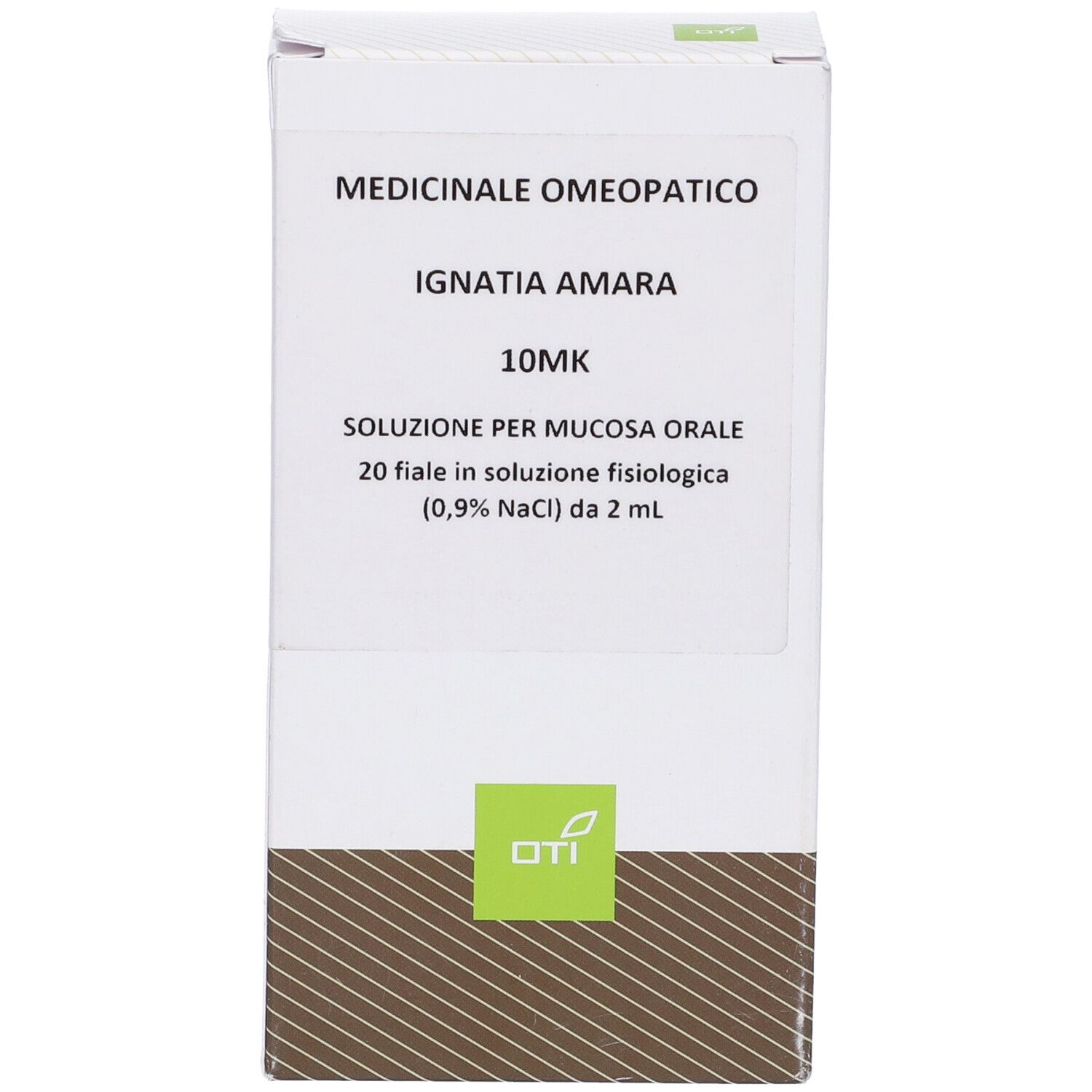 Scatola bianca con informazioni sul prodotto. Scritto: Ignatia Amara 10MK, 20 Fiale 2 ml. Logo OTI.
