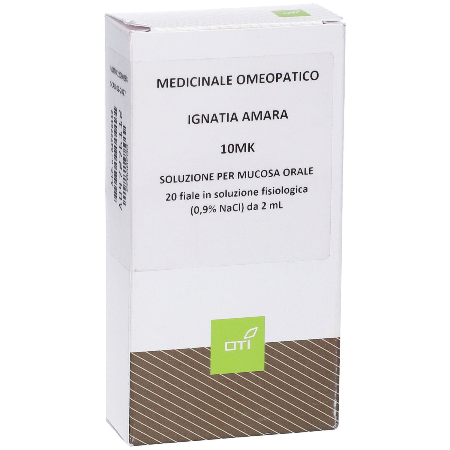 Scatola bianca con informazioni sul prodotto. Scritto: Ignatia Amara 10MK, 20 Fiale 2 ml. Logo OTI.