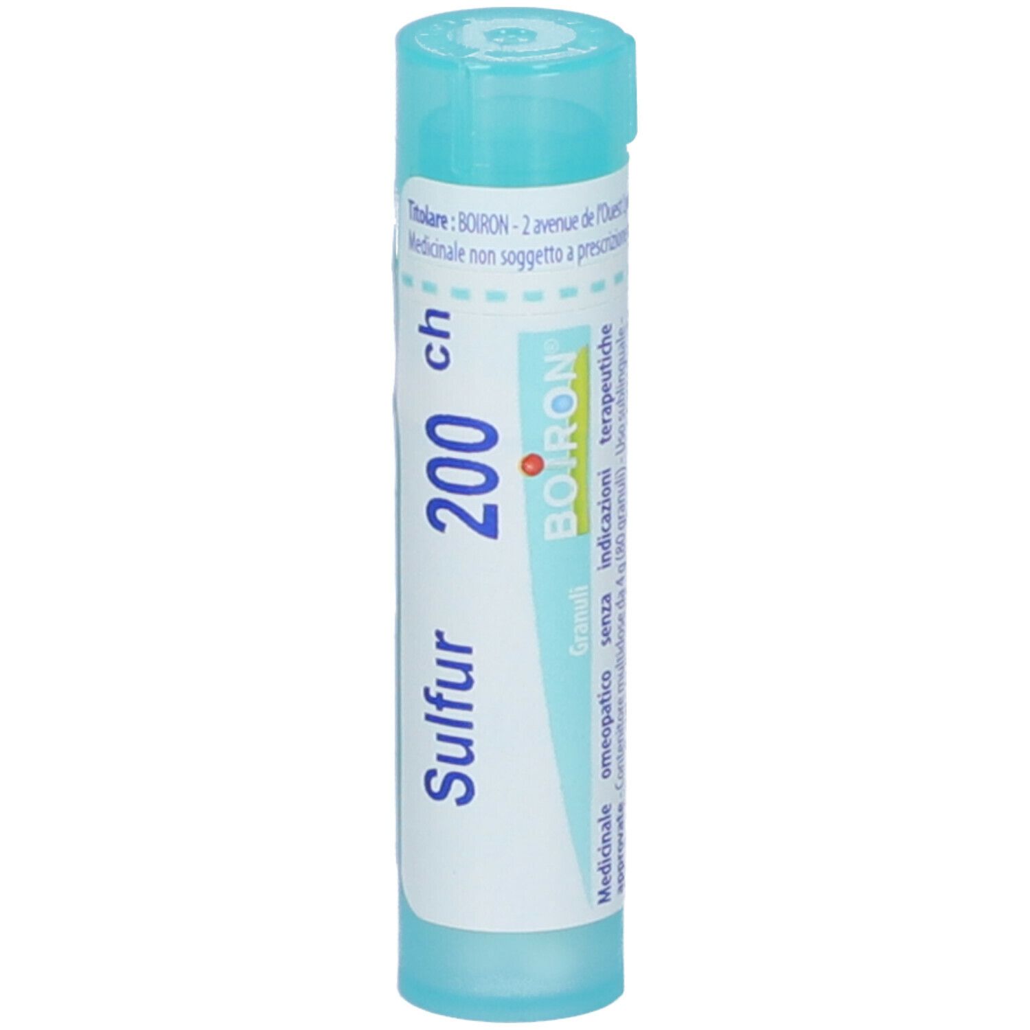 Flacone cilindrico azzurro. Scritta: Sulfur 200 ch, BOIRON, Granuli. Tappo blu.