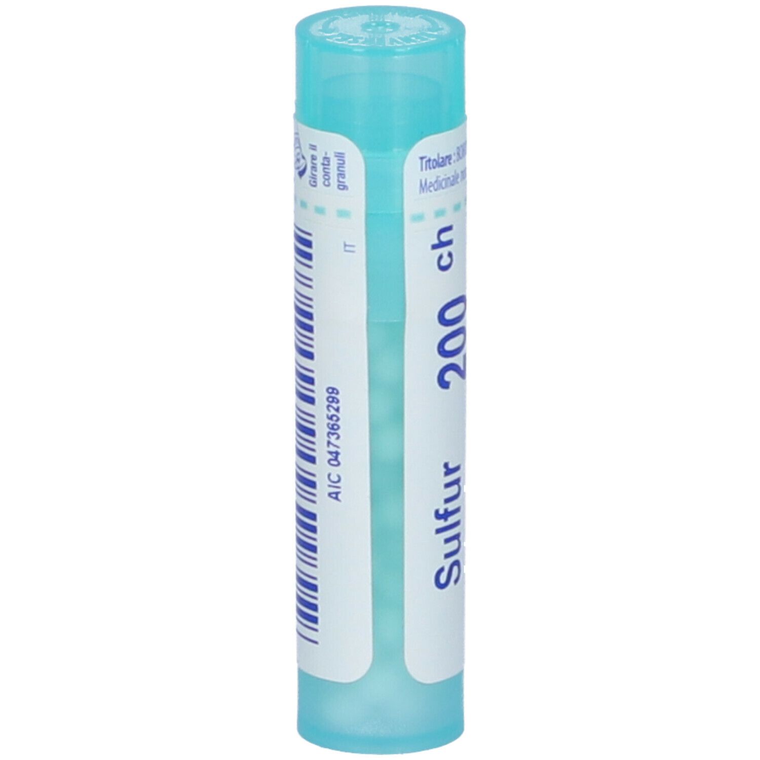 Flacone cilindrico azzurro. Scritta: Sulfur 200 ch, BOIRON, Granuli. Con codice a barre ed etichetta.