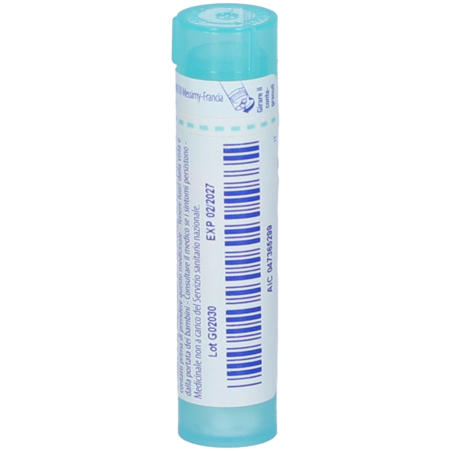 Flacone cilindrico azzurro. Scritta: Sulfur 200 ch, BOIRON, Granuli. Con etichetta e data di scadenza.