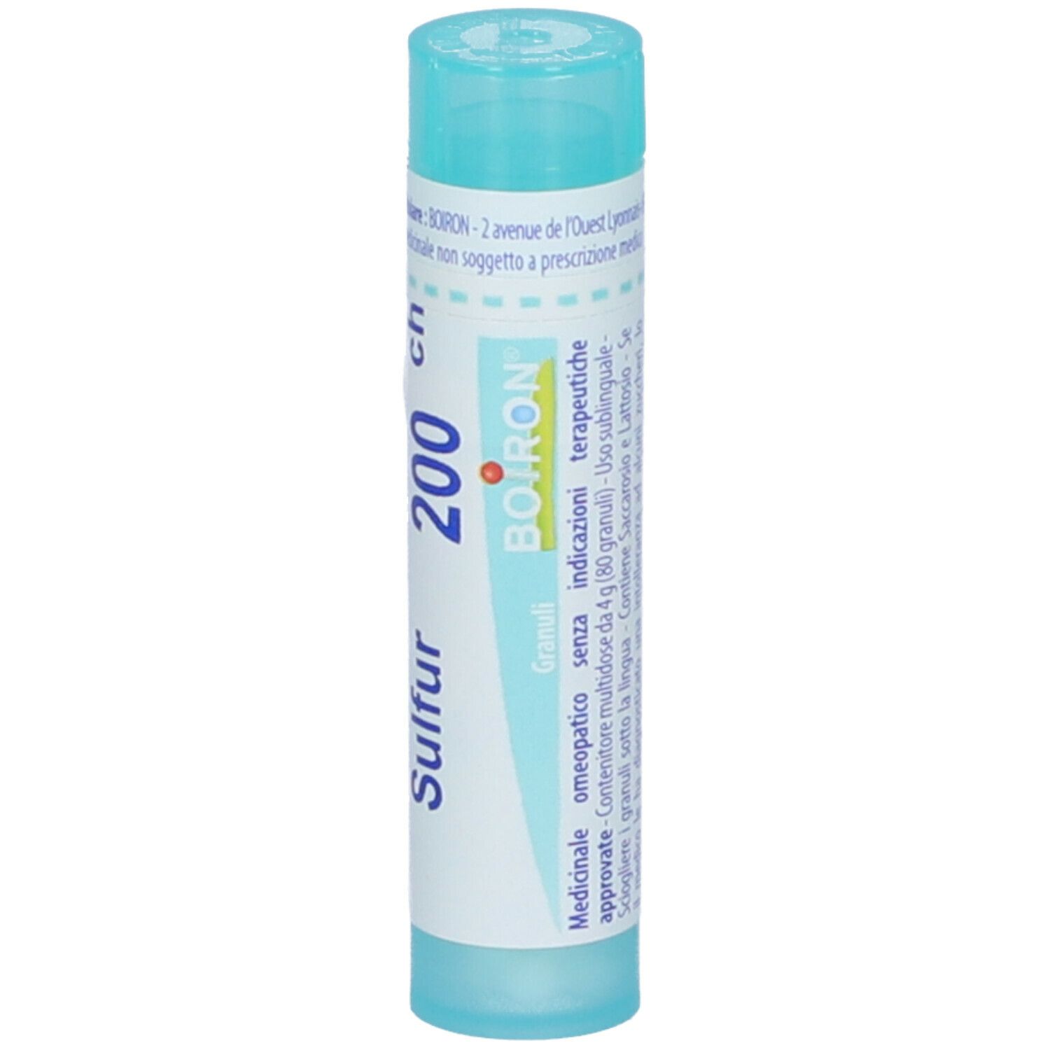 Flacone cilindrico azzurro. Scritta: Sulfur 200 ch, BOIRON, Granuli. Con etichetta.