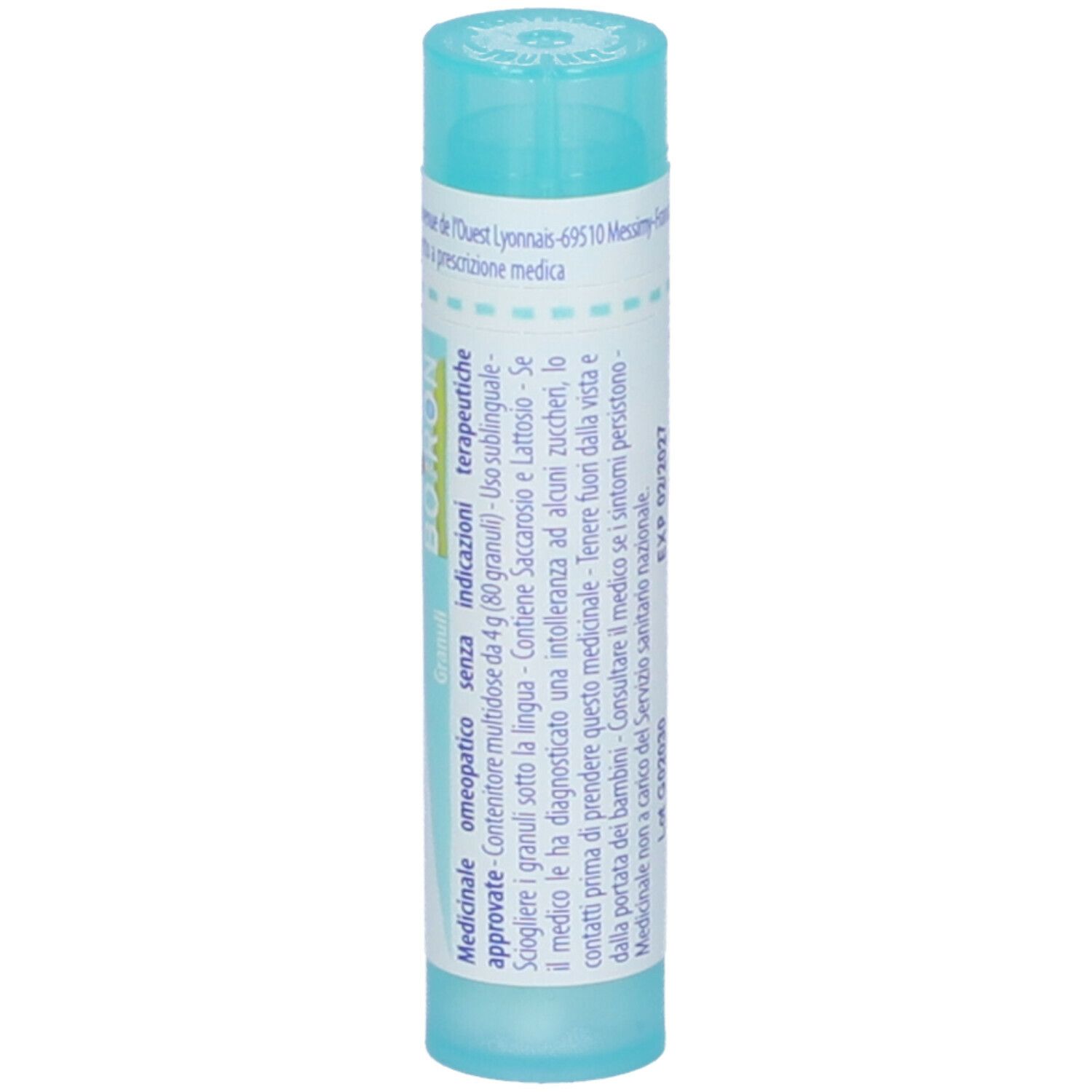Flacone cilindrico azzurro. Scritta: Sulfur 200 ch, BOIRON, Granuli. Con etichetta.