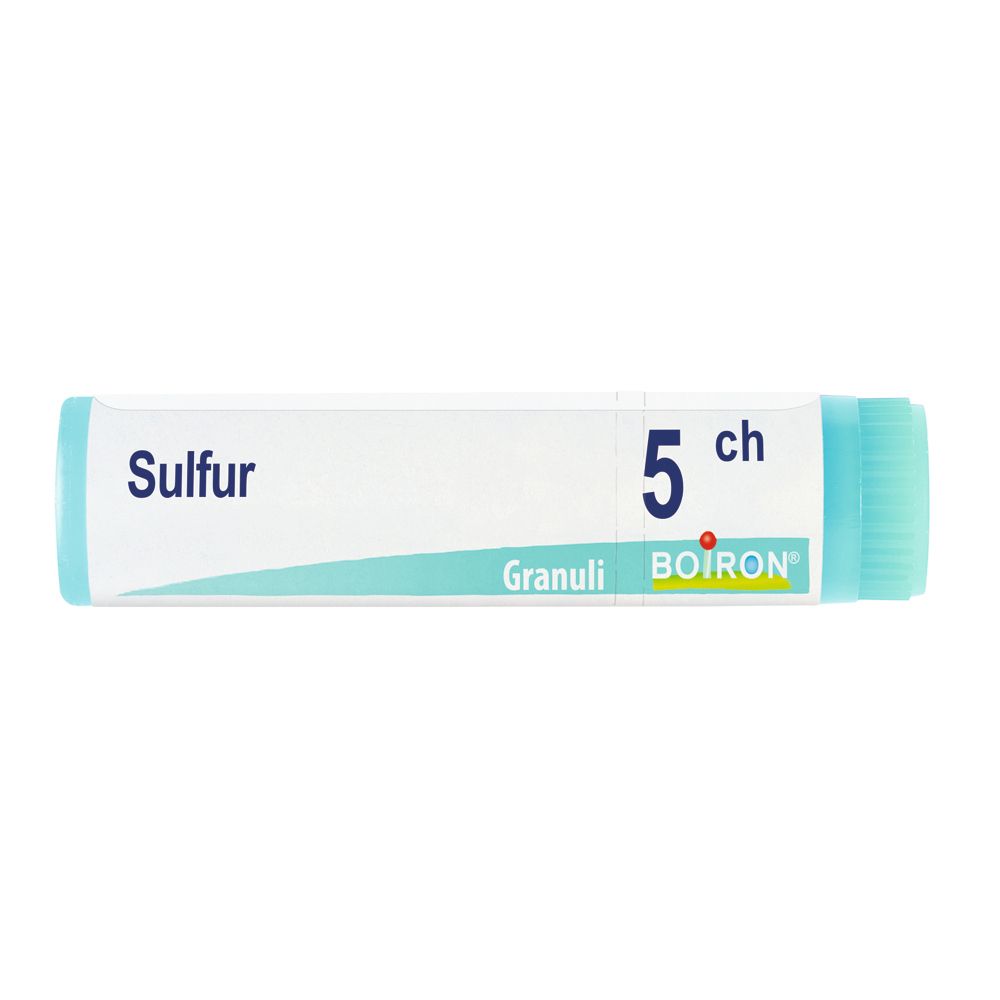Confezione cilindrica con "Sulfur 5 ch Granuli BOIRON". Tappo turchese e testo. Marchio e informazioni.