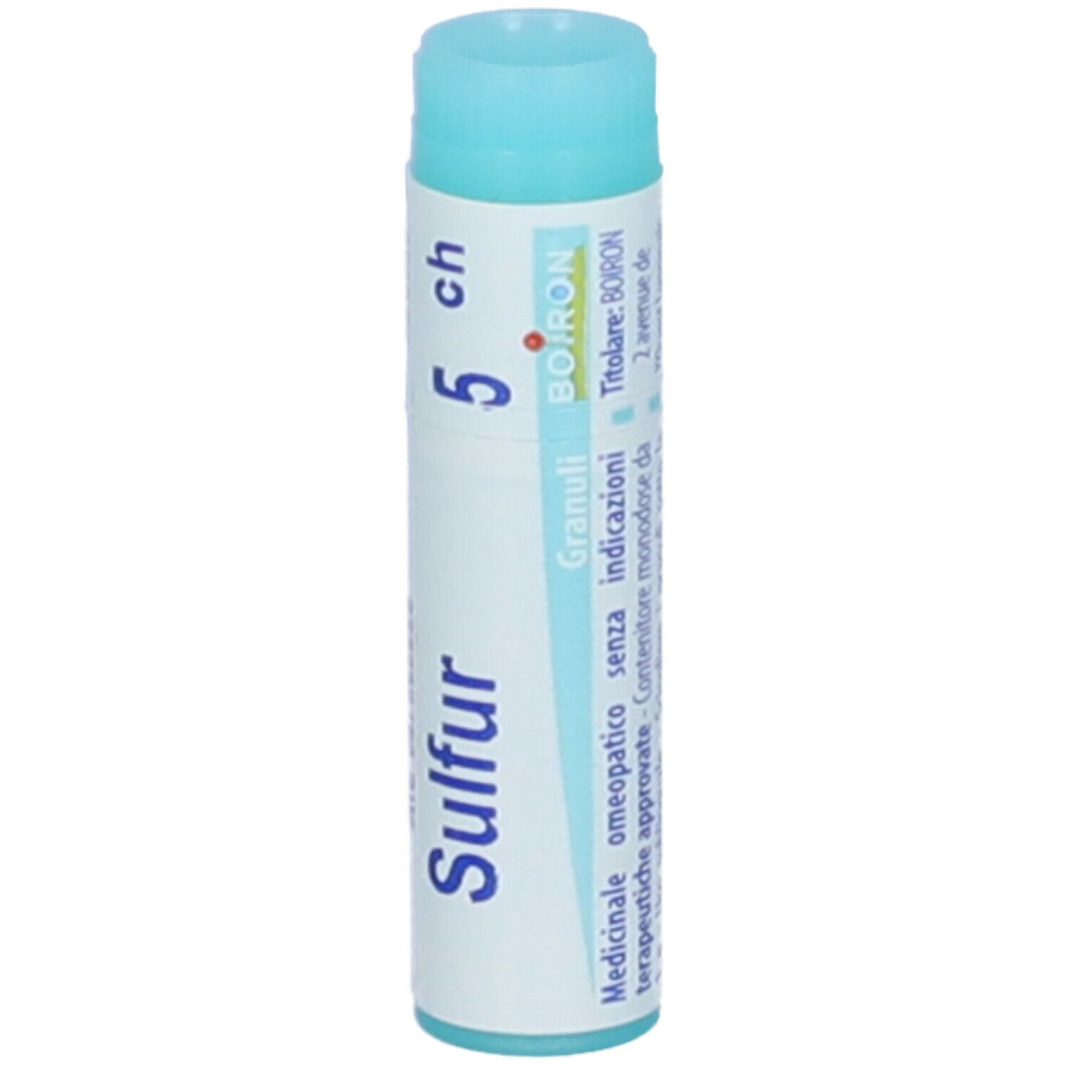 Confezione cilindrica con "Sulfur 5 ch". Tappo turchese. Scritta "BOIRON" e altre informazioni.