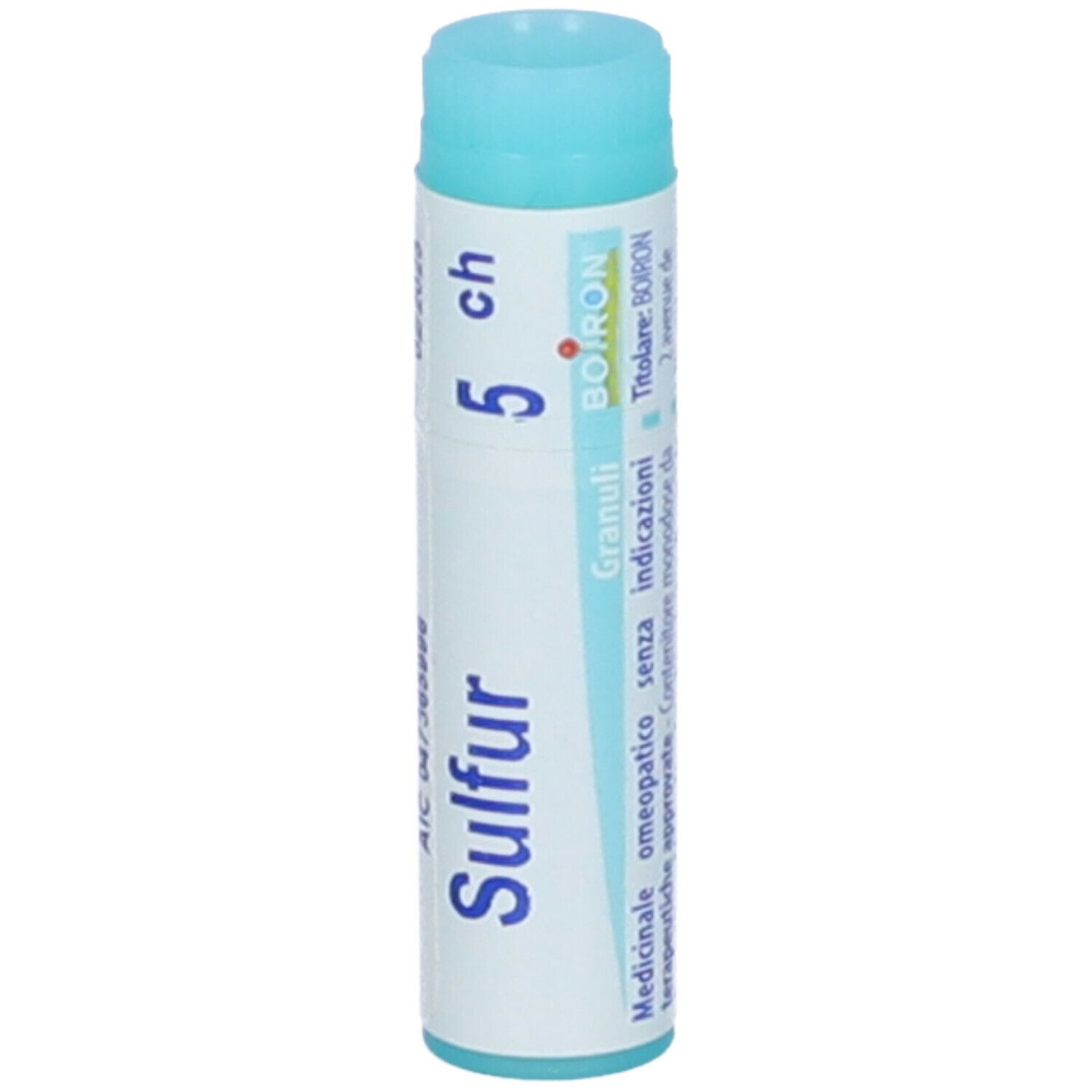Confezione cilindrica con "Sulfur 5 ch". Tappo turchese. Scritta "BOIRON" e altre informazioni.