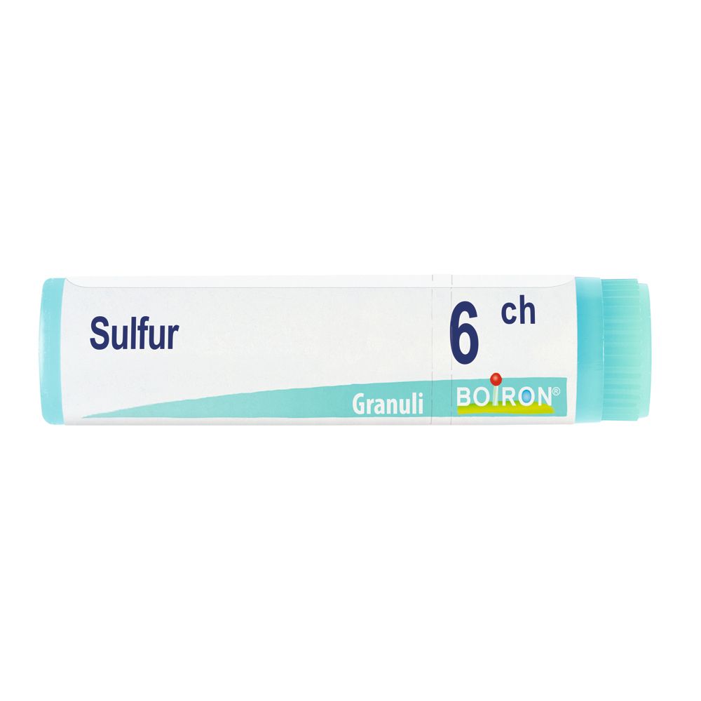 Confezione cilindrica con scritto "Sulfur 6 ch Granuli BOIRON". Colori turchese e bianco.