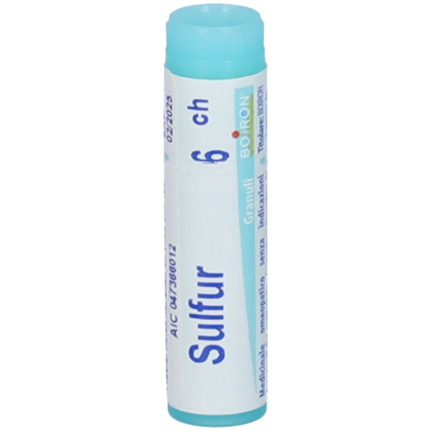 Confezione cilindrica con "Sulfur 6 ch". Produttore BOIRON. Colori turchese e bianco. Data di scadenza.