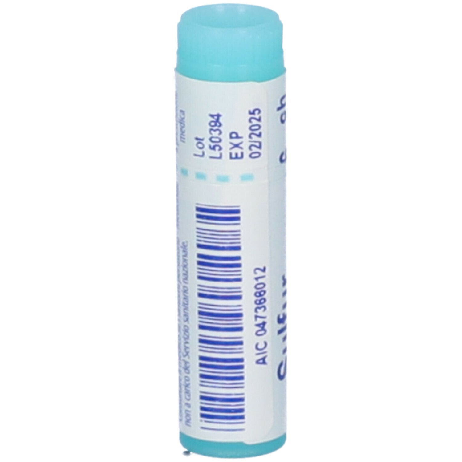Confezione cilindrica con "Sulfur 6 ch". Produttore BOIRON. Colori turchese e bianco. Numero di lotto e scadenza.