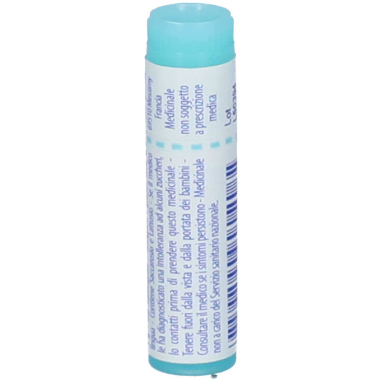 Confezione cilindrica con "Sulfur 6 ch". Produttore BOIRON. Colori turchese e bianco. Testo in italiano.