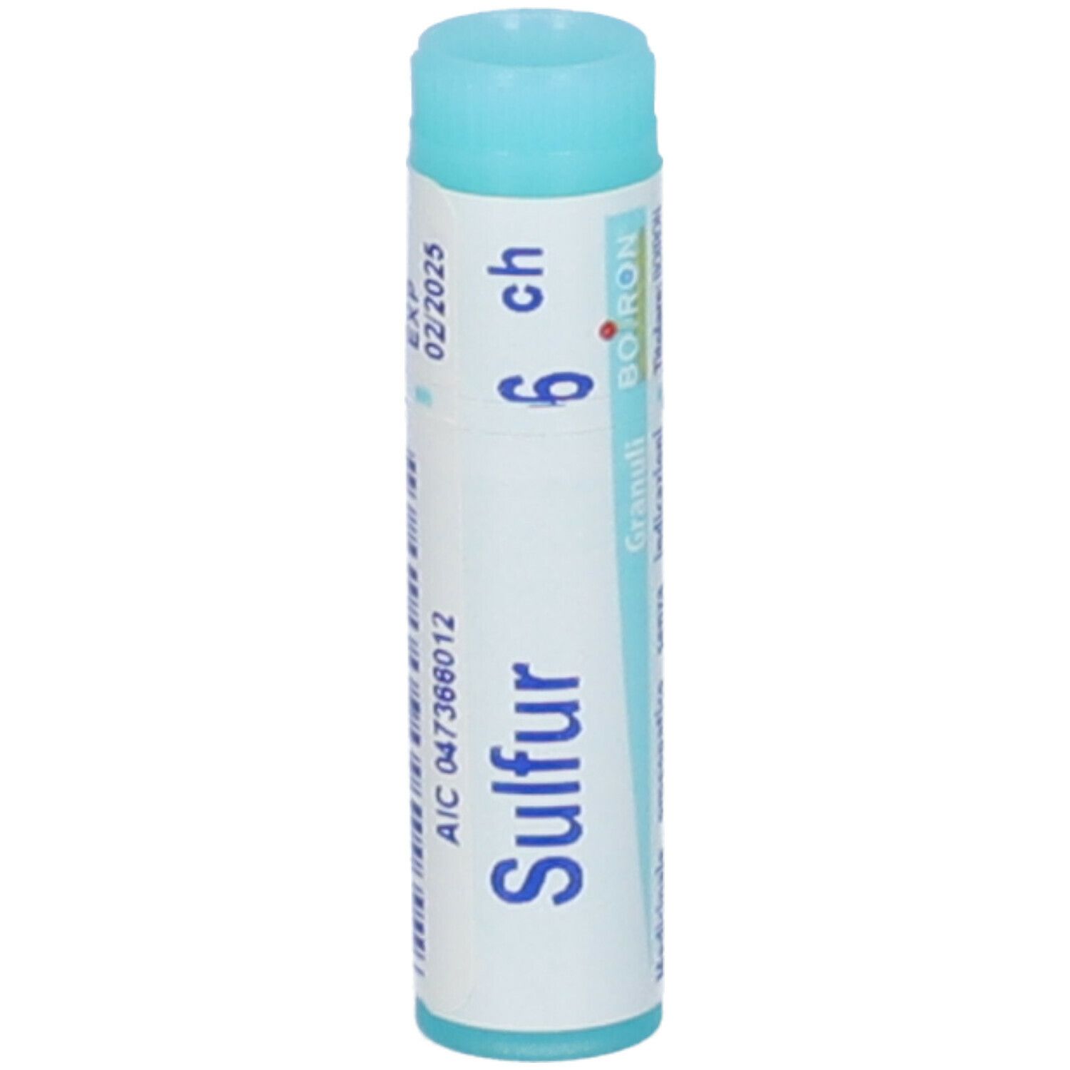 Confezione cilindrica con "Sulfur 6 ch". Produttore BOIRON. Colori turchese e bianco. Testo in francese.