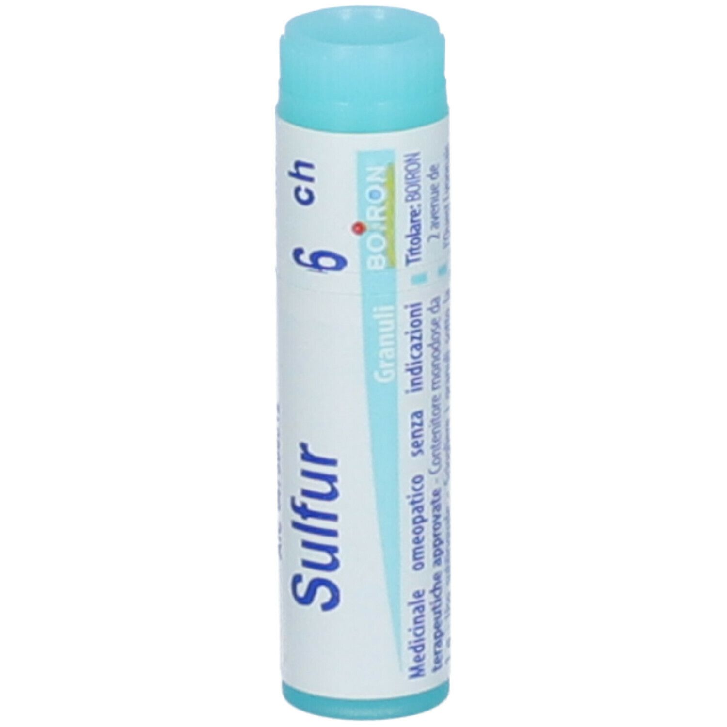 Confezione cilindrica con "Sulfur 6 ch". Produttore BOIRON. Colori turchese e bianco. Testo in italiano.